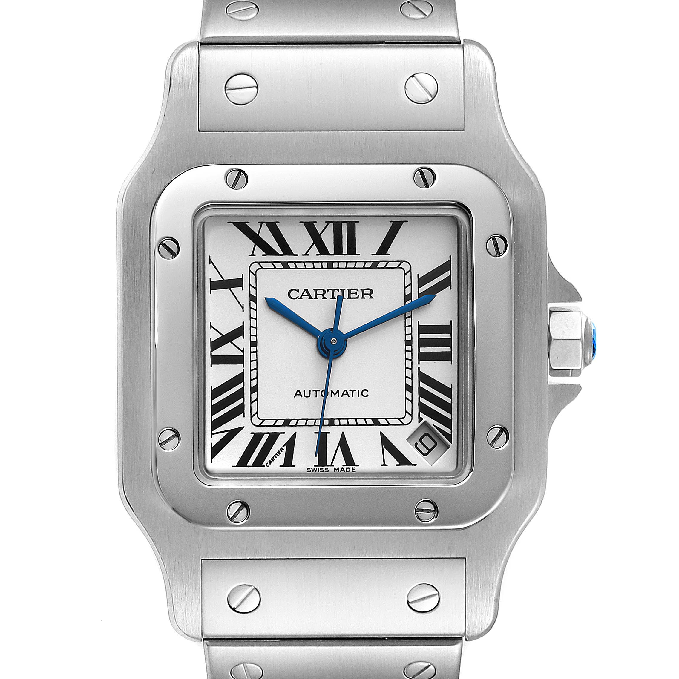 The image shows a front view of the Cartier Santos W20098D6 Men's Stainless Steel Silver Dial W20098D6 Men's Stainless Steel Silver Dial watch, detailing the dial, case, and part of the bracelet.