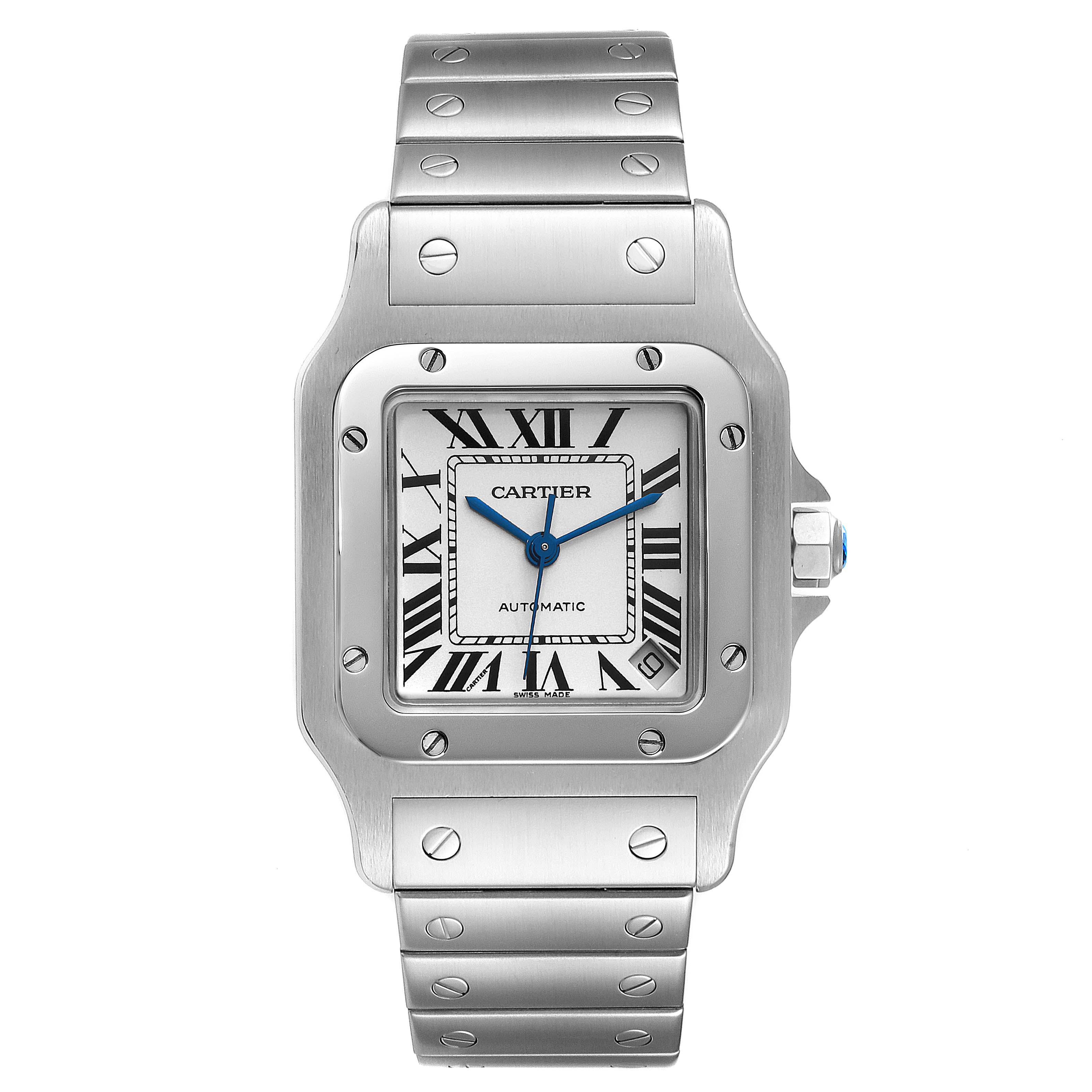 The image shows a front view of a Cartier Santos W20098D6 Men's Stainless Steel Silver Dial W20098D6 Men's Stainless Steel Silver Dial watch, displaying the face, bezel, and bracelet.