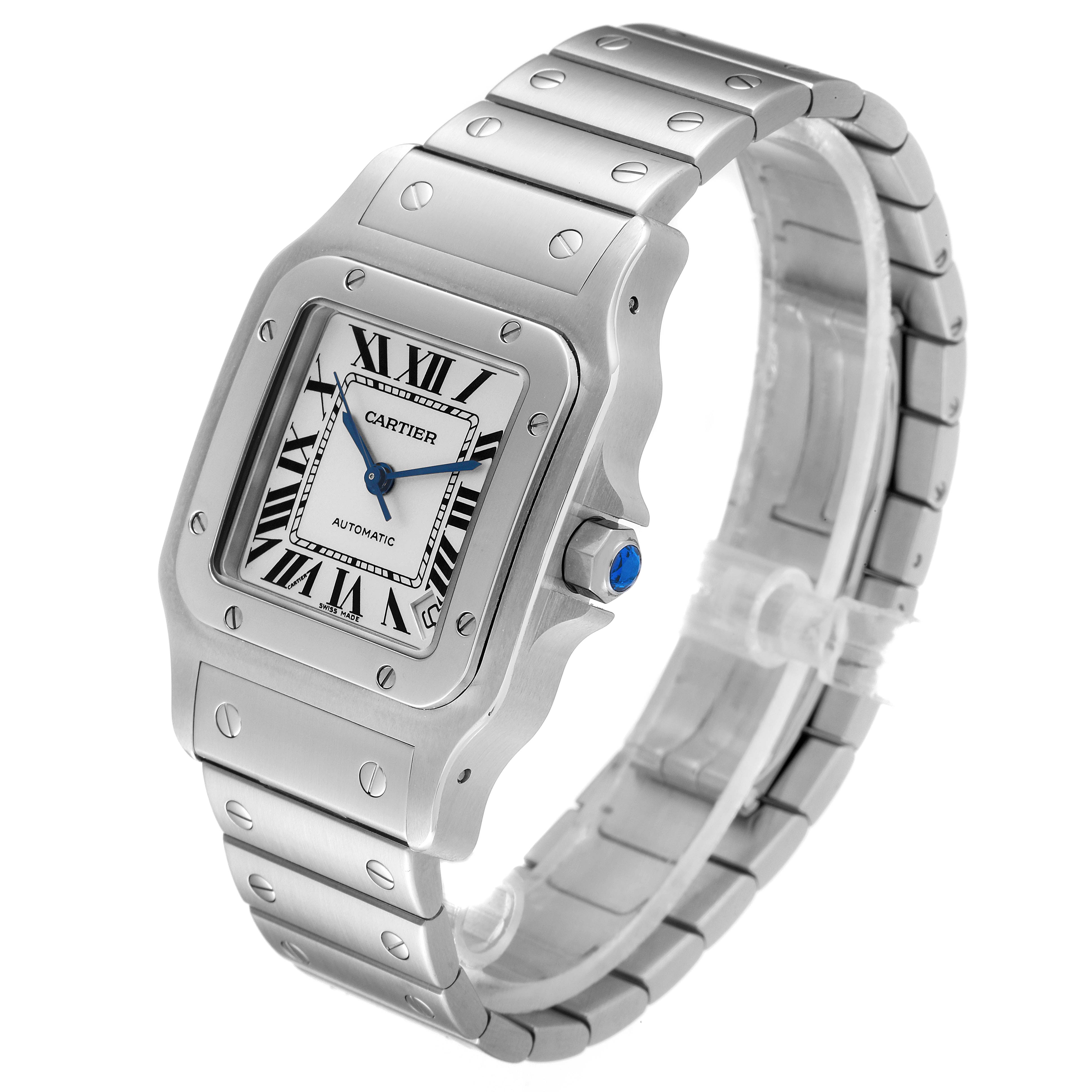 The Cartier Santos W20098D6 Men's Stainless Steel Silver Dial W20098D6 Men's Stainless Steel Silver Dial watch is shown at a slight angle, highlighting its face, bezel, crown, and bracelet.