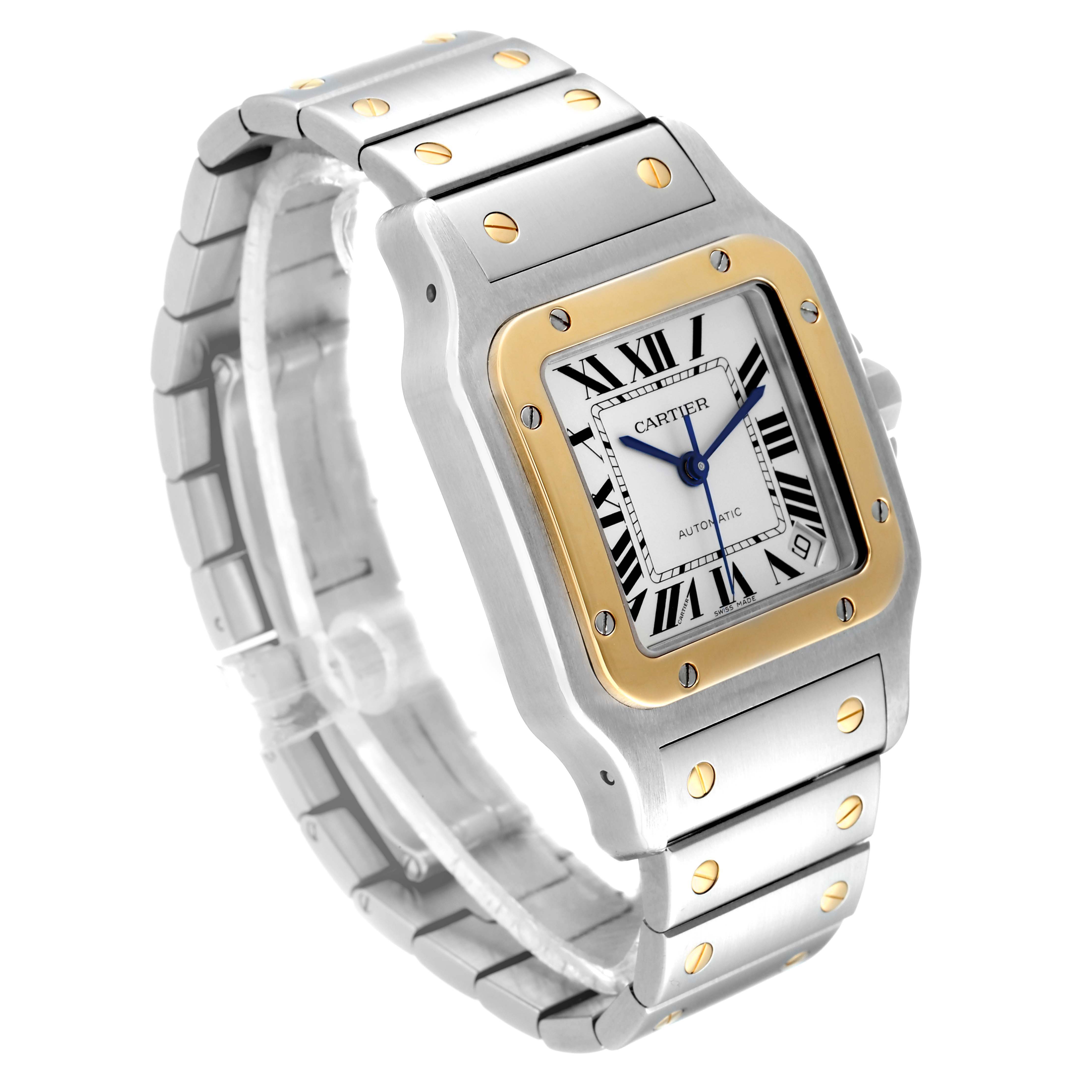 The image shows a Cartier Santos W20099C4 Men's Steel and Gold (two tone) Silver Dial W20099C4 Men's Steel and Gold (two tone) Silver Dial watch at a 3/4 angle view, displaying the face, bezel, and part of the bracelet.
