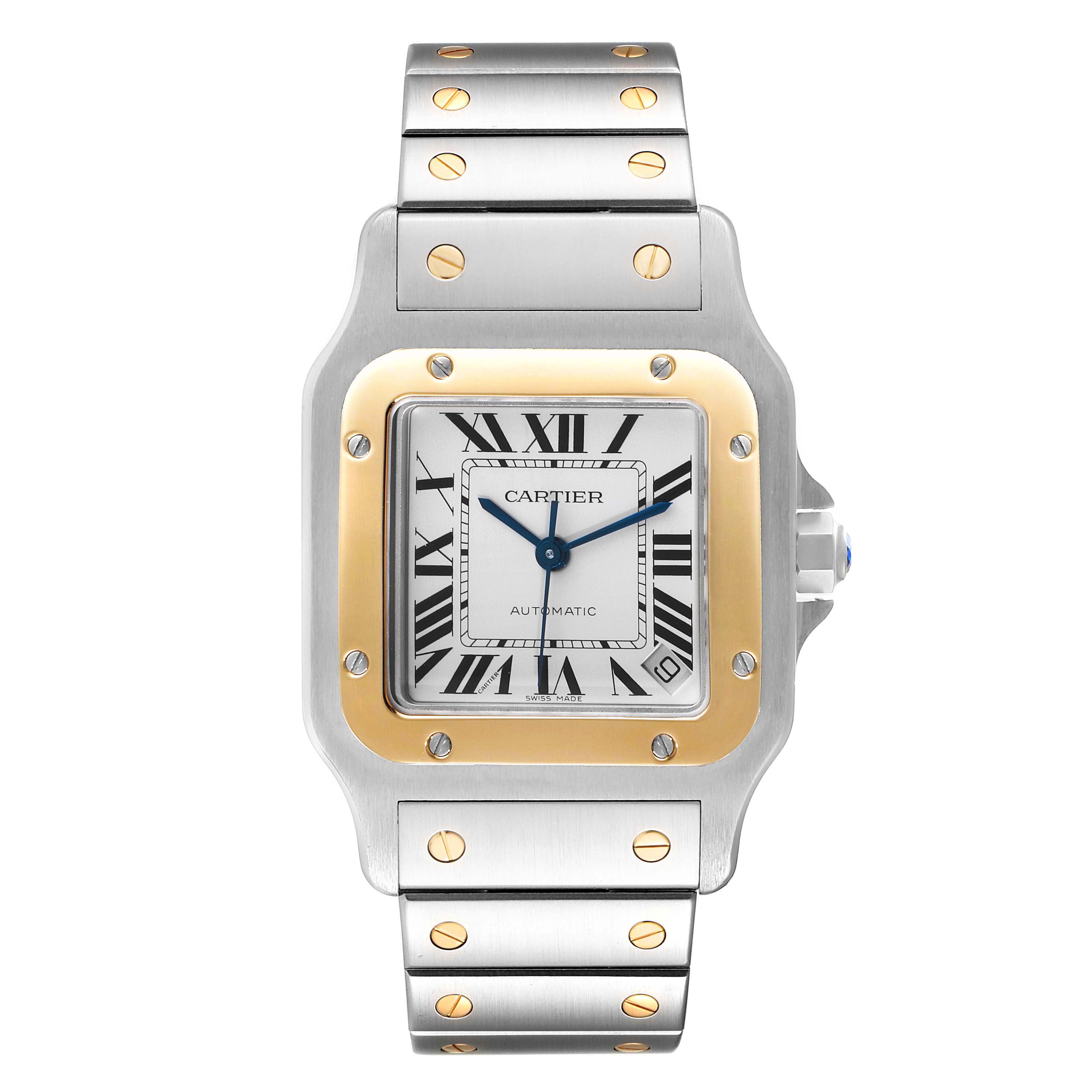 The image shows a Cartier Santos W20099C4 Men's Steel and Gold (two tone) Silver Dial W20099C4 Men's Steel and Gold (two tone) Silver Dial watch from a front angle, highlighting its face, bezel, and part of the bracelet.