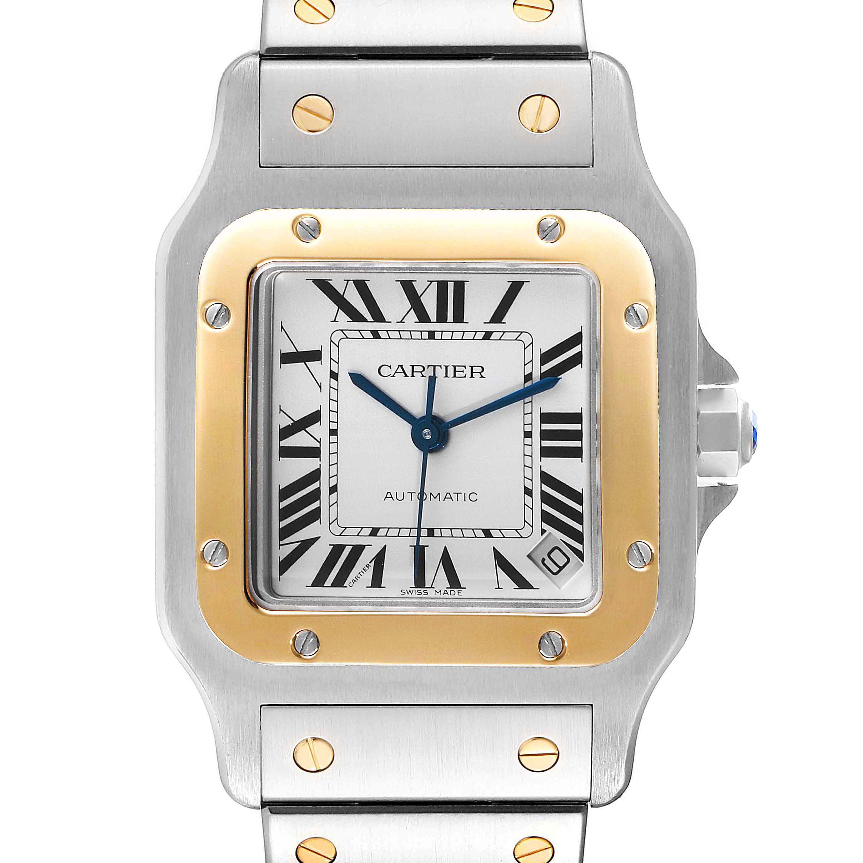 The image shows a close-up of the Cartier Santos W20099C4 Men's Steel and Gold (two tone) Silver Dial W20099C4 Men's Steel and Gold (two tone) Silver Dial model watch, highlighting its square dial, Roman numerals, and two-tone bezel.