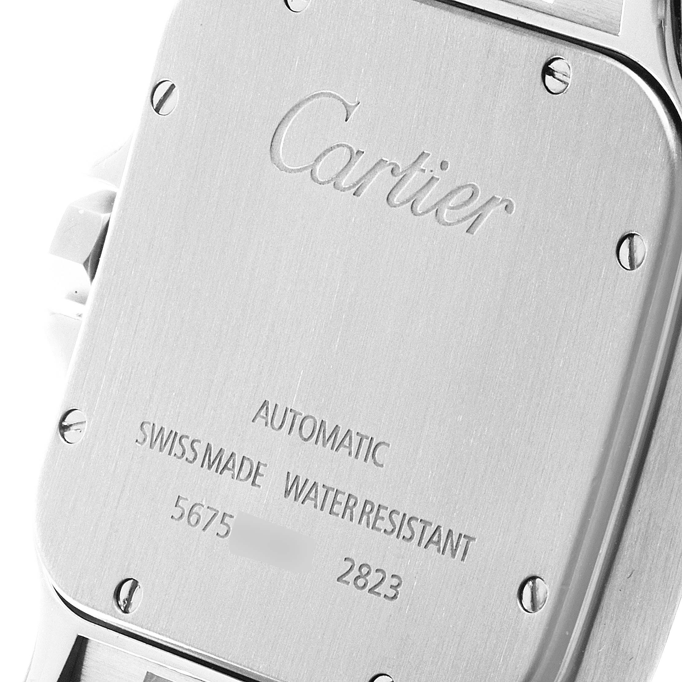 The image shows the back case of a Cartier Santos W20099C4 Men's Steel and Gold (two tone) Silver Dial W20099C4 Men's Steel and Gold (two tone) Silver Dial watch, highlighting its branding and specifications.