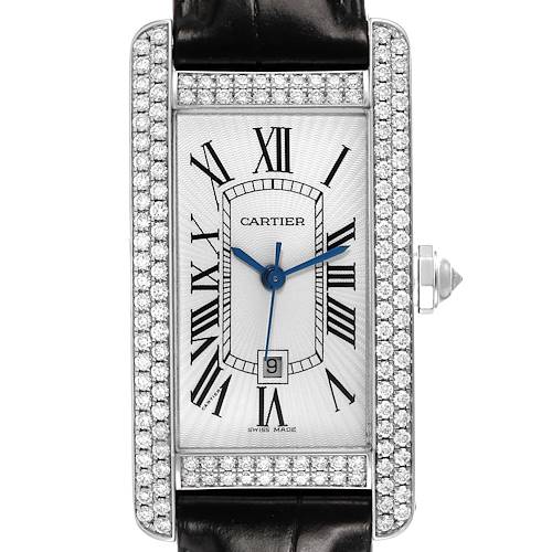 The Cartier Tank Américaine watch is shown from a front angle, highlighting its rectangular diamond-set bezel and black leather strap.
