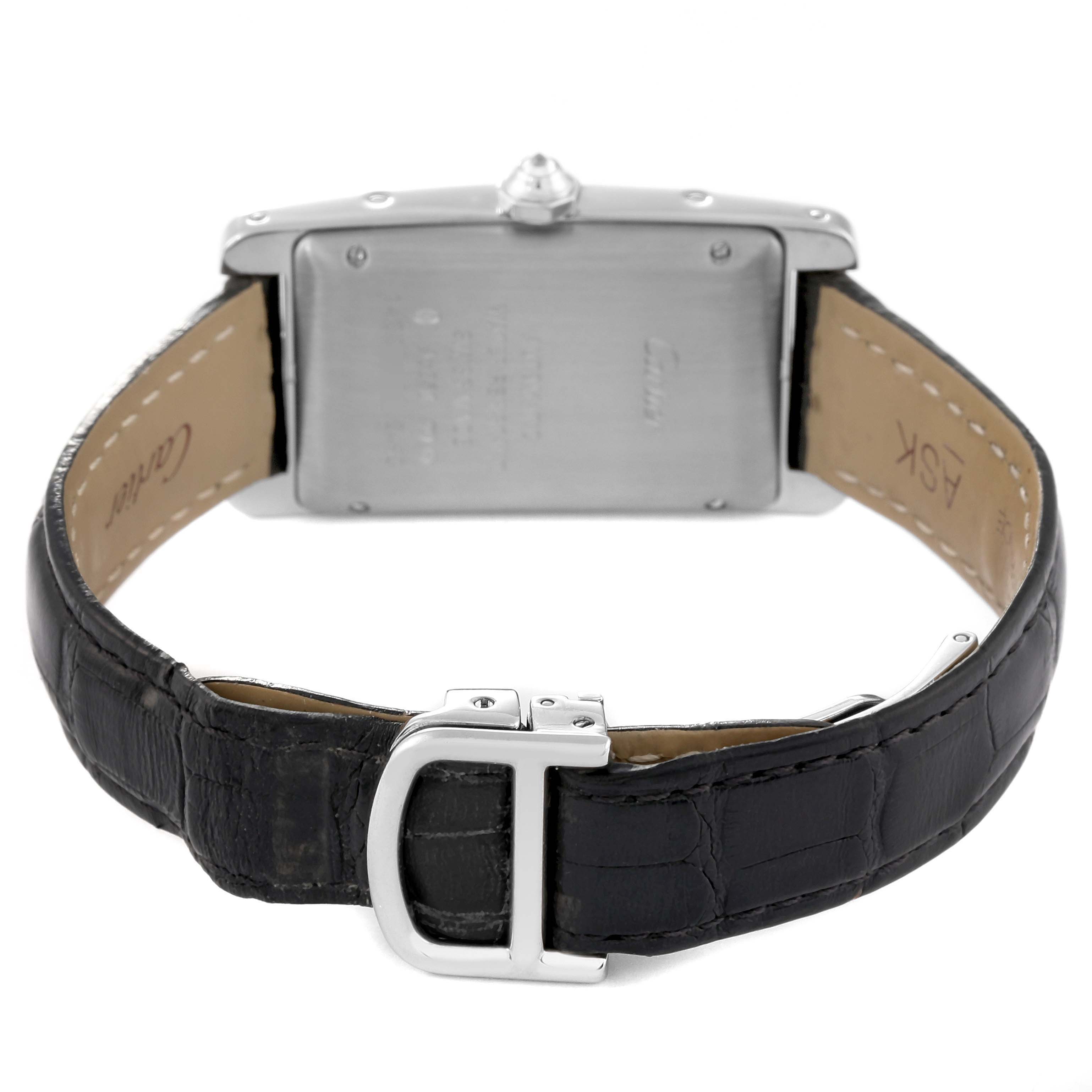 The image shows the back view of the Cartier Tank Americaine WB710002 Women's White Gold Silver Dial watch, highlighting the case back and leather strap with buckle.