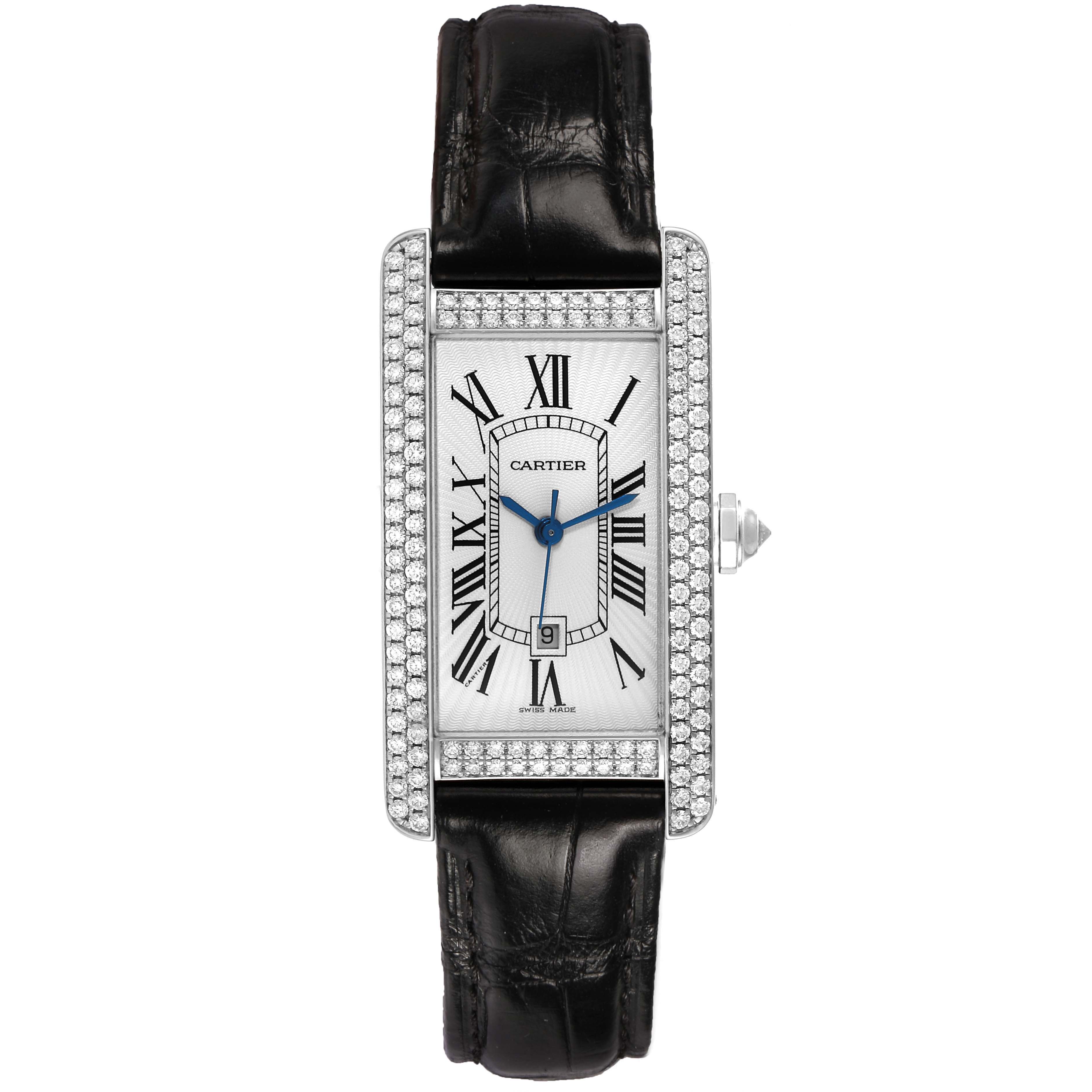 The Cartier Tank Americaine WB710002 Women's White Gold Silver Dial watch is shown from a top view, displaying its face, Roman numerals, blue hands, and bejeweled bezel.