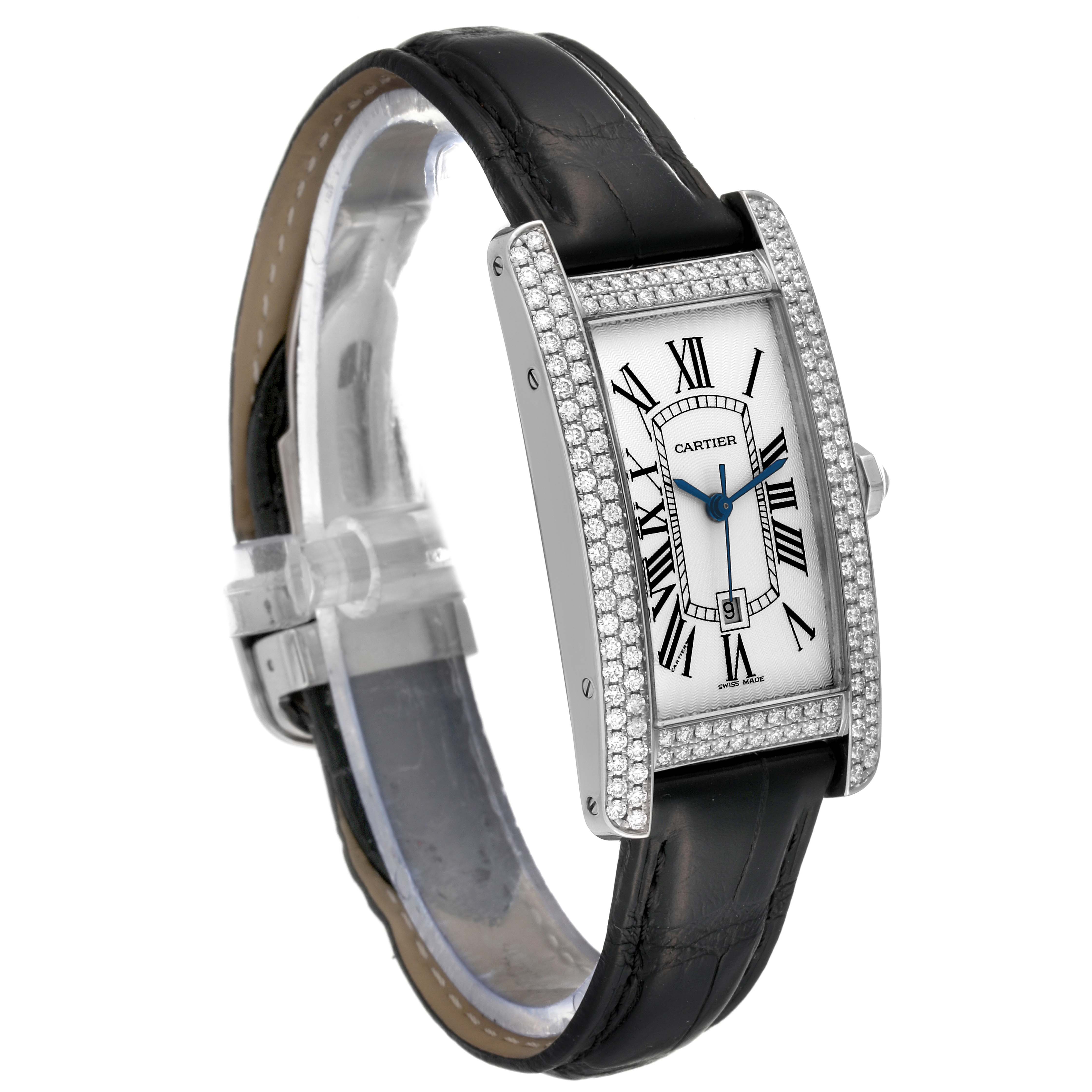 The image shows a Tank Américaine watch by Cartier at a 3/4 angle, highlighting its face, strap, and diamond bezel.