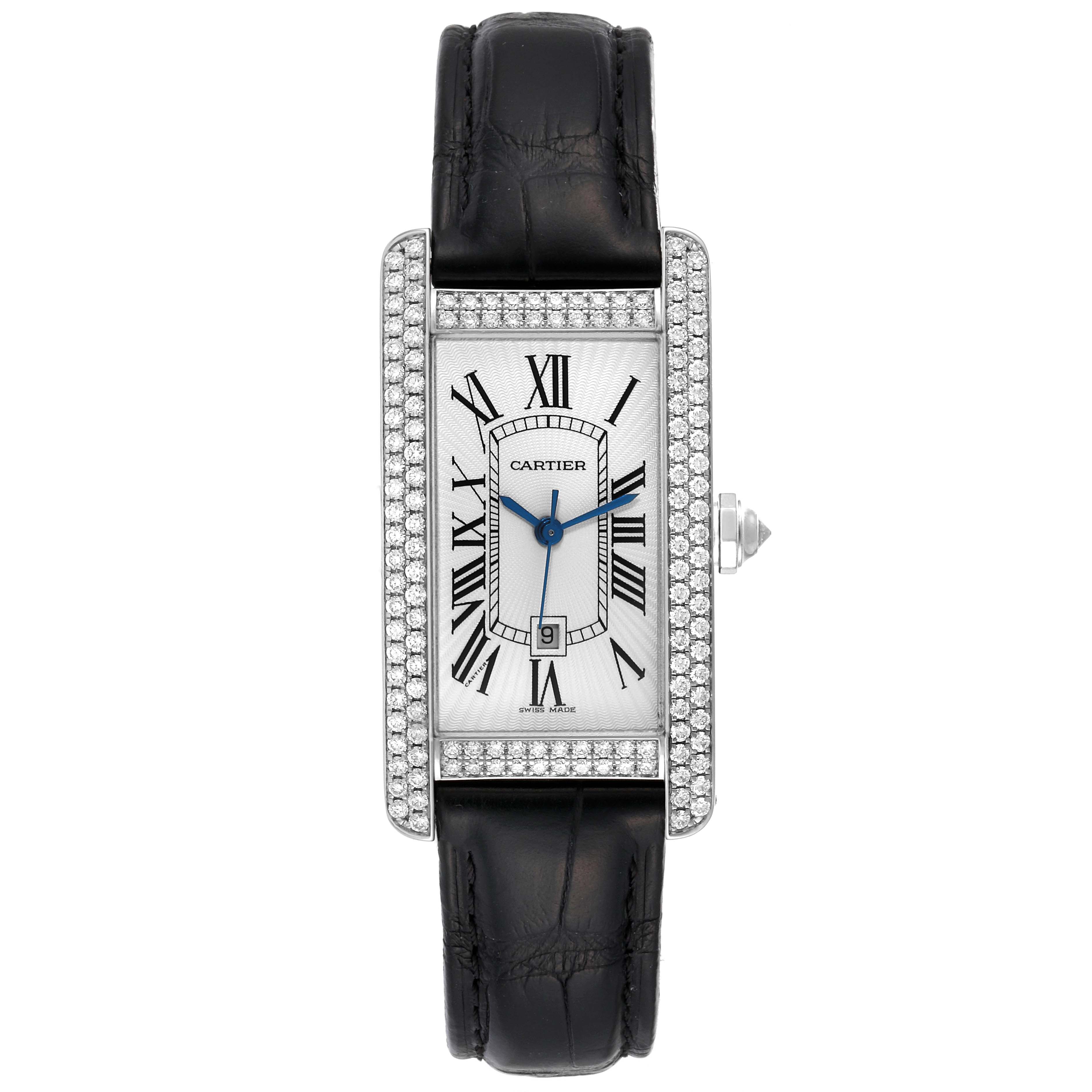 The image shows a Tank Americaine watch by Cartier from a top-down angle, highlighting its rectangular dial, leather strap, and diamond-set bezel.