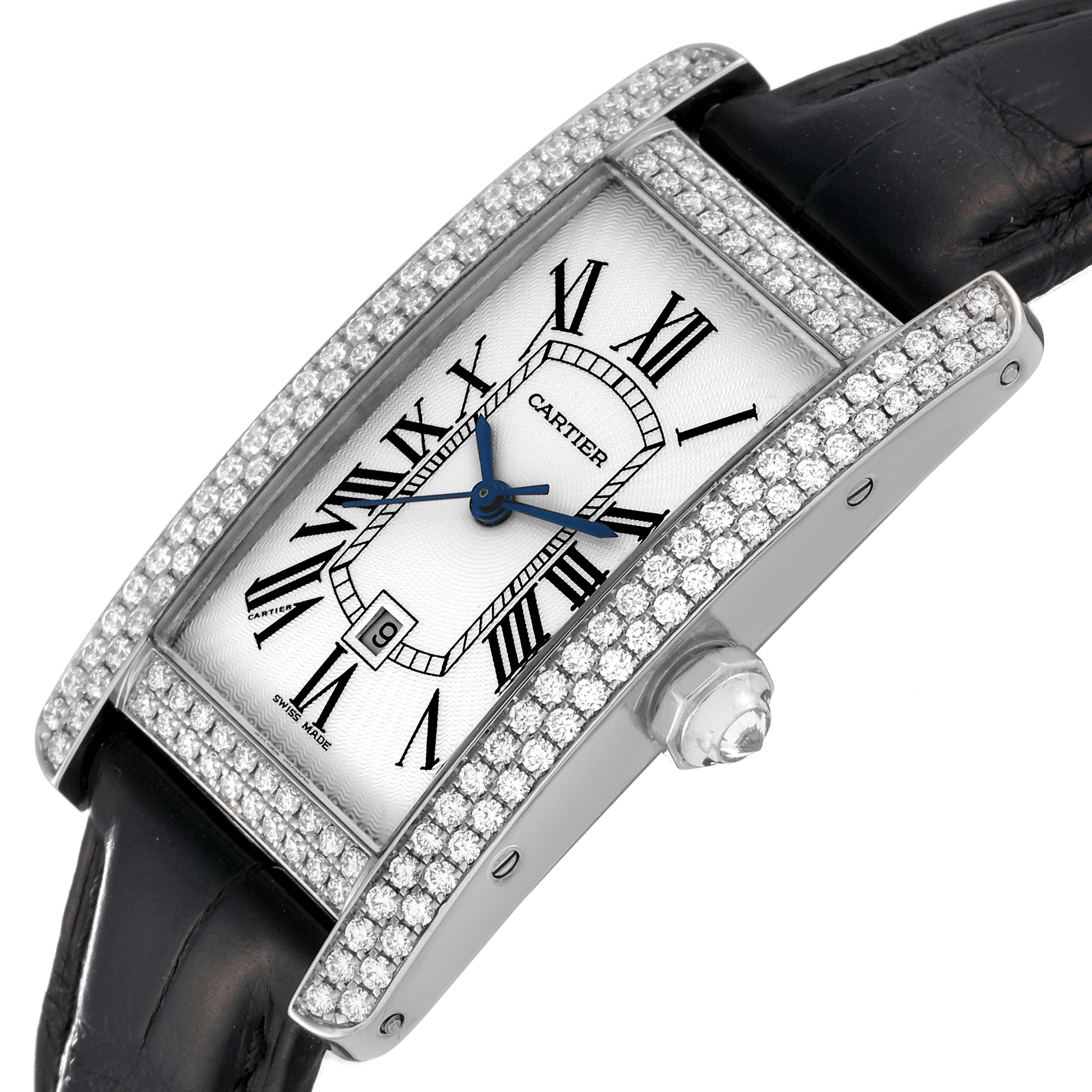 The image shows a close-up of the Cartier Tank Americaine 2490 Women's White Gold Silver Dial 2490 Women's White Gold Silver Dial watch face, strap, case, and crown at an angled view.