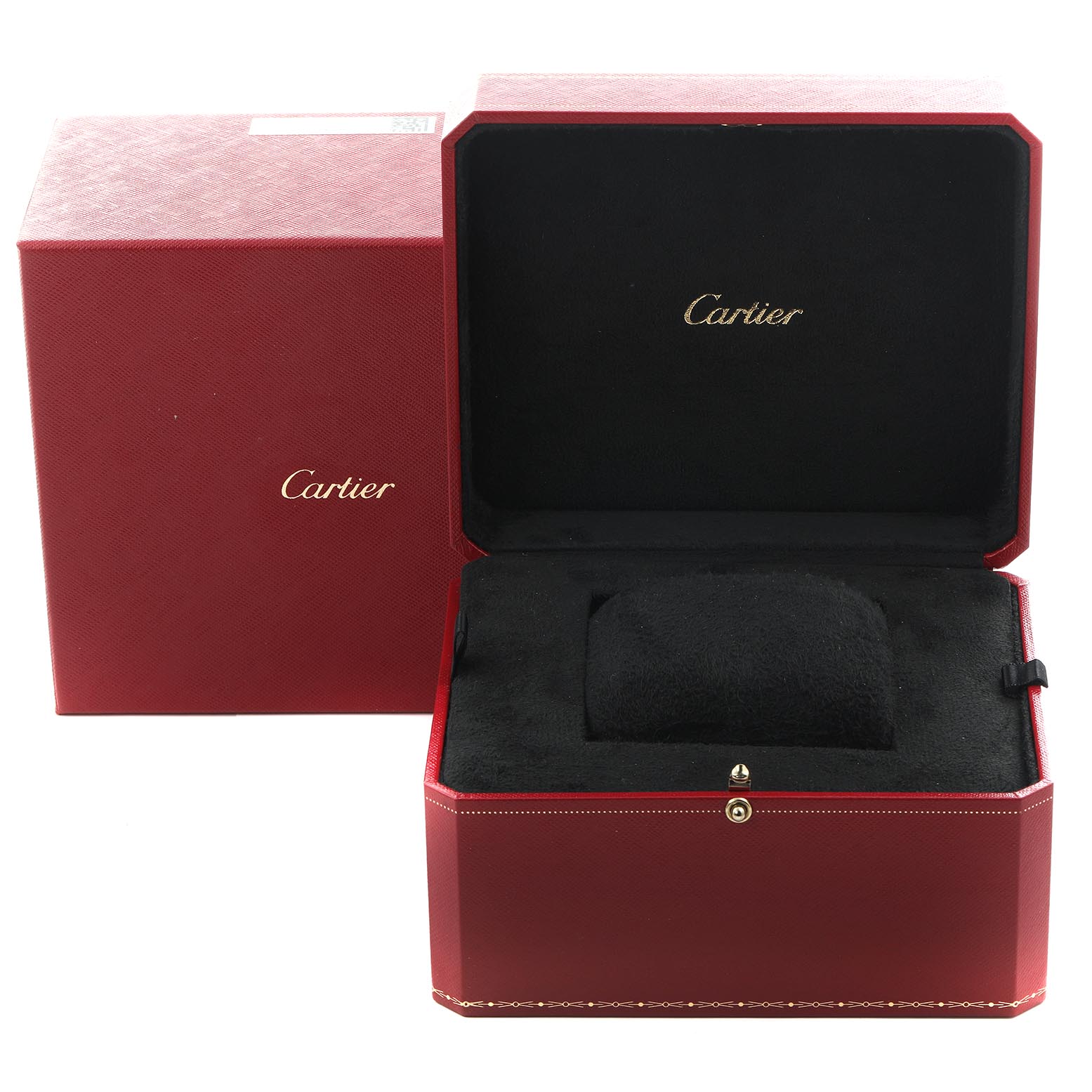 The image shows an opened Cartier Tank Américaine watch box at a front angle, revealing its cushioned interior.