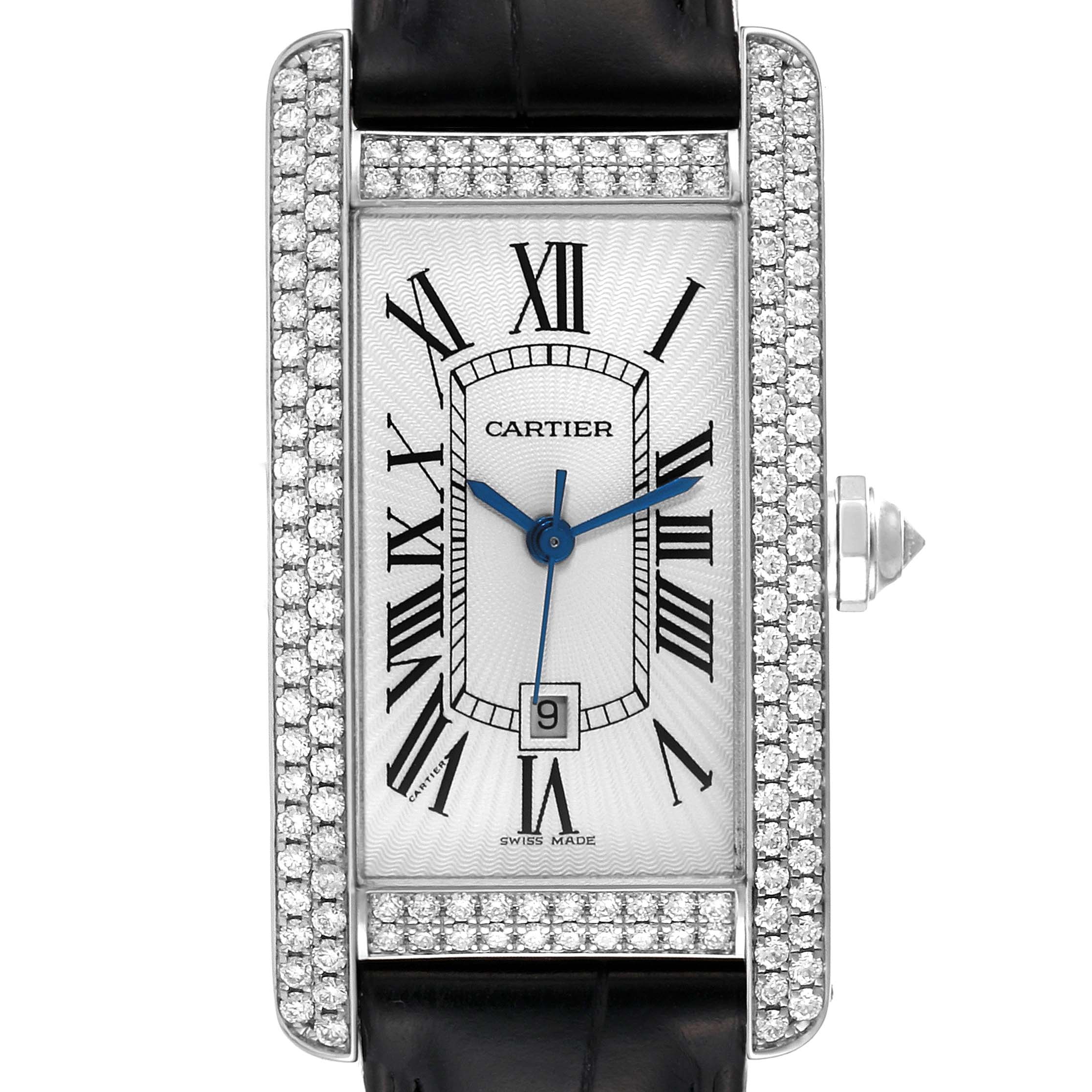The image shows a frontal view of the Cartier Tank Americaine 2490 Women's White Gold Silver Dial 2490 Women's White Gold Silver Dial watch, highlighting its rectangular dial, diamond bezel, and black leather strap.