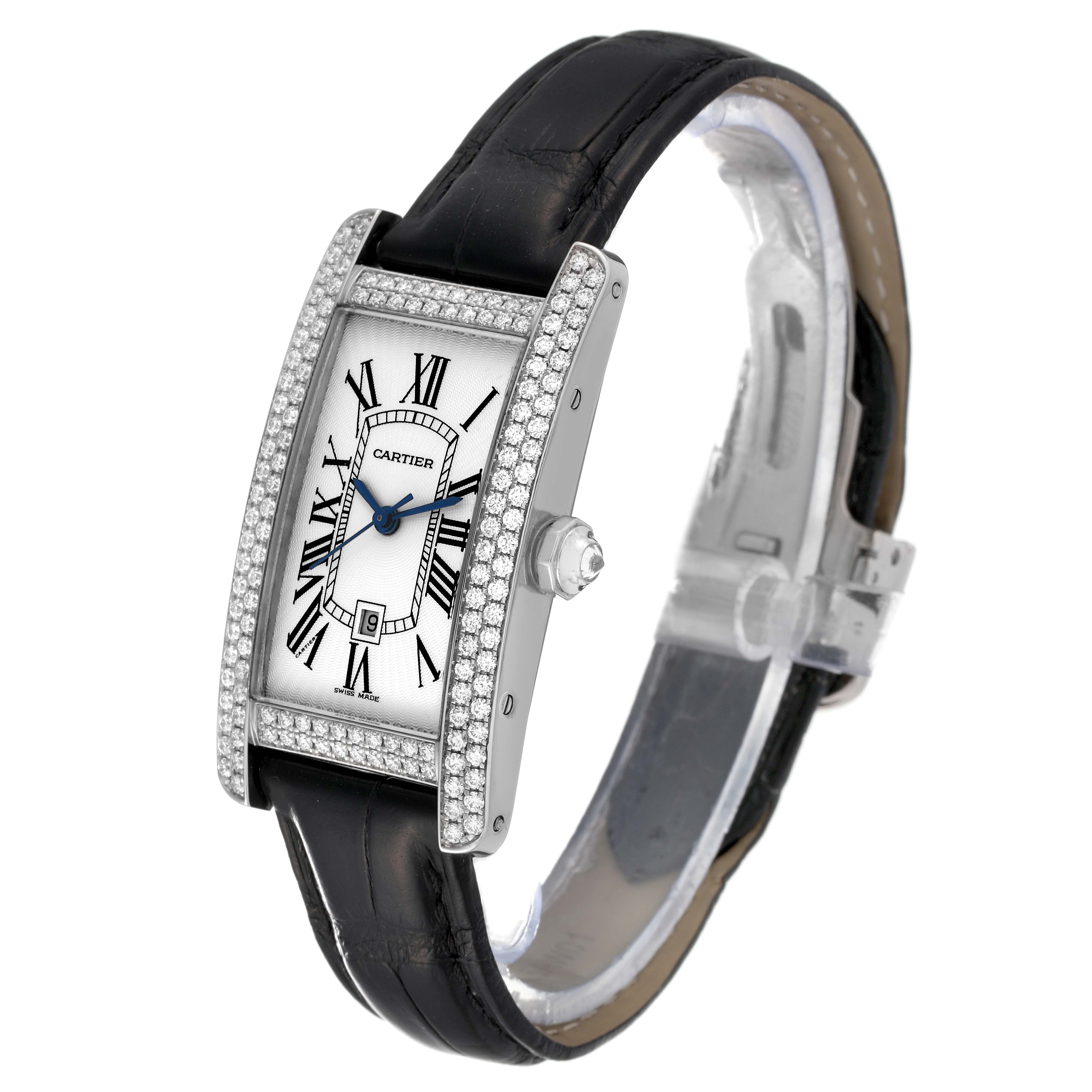 The image shows a Cartier Tank Americaine 2490 Women's White Gold Silver Dial 2490 Women's White Gold Silver Dial watch at a slightly tilted angle, highlighting its face, diamond bezel, and black leather strap.