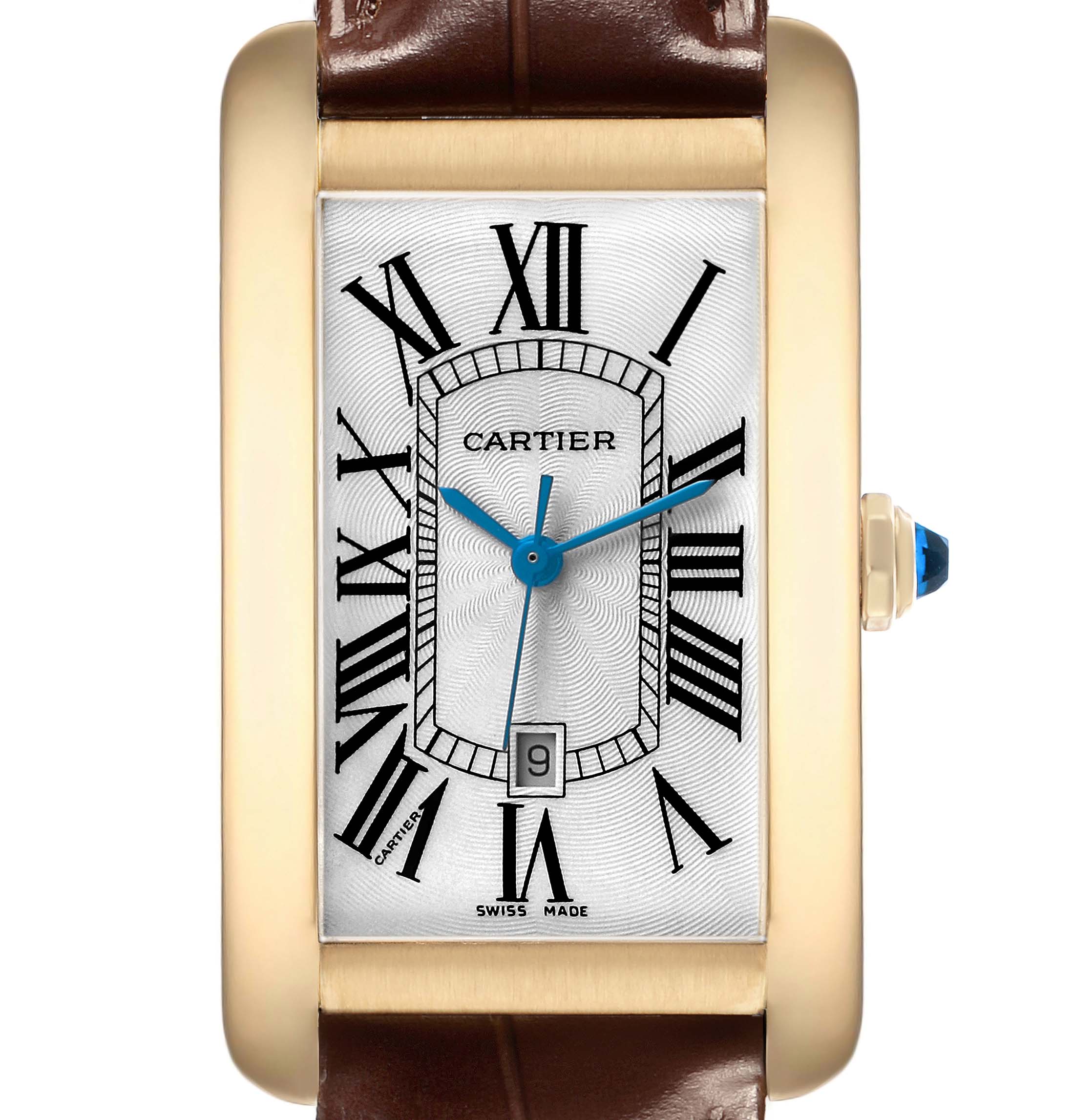 The Cartier Tank Americaine W2603156 Men's Yellow Gold Silver Dial watch is shown from a front angle, displaying its face, Roman numerals, blue hands, date window, and crown.