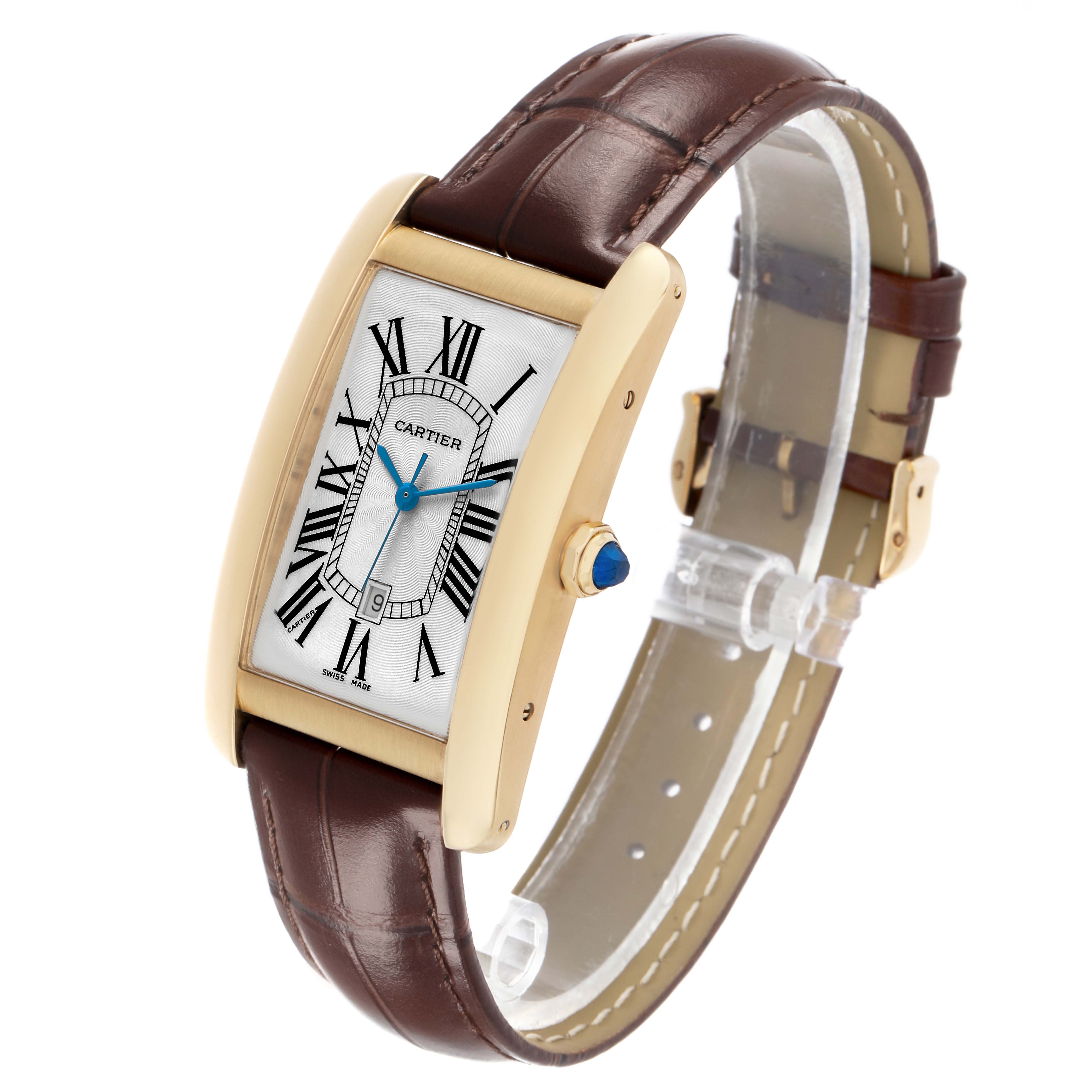 The Cartier Tank Américaine watch is shown at an angle displaying the face, leather strap, and side crown detail.