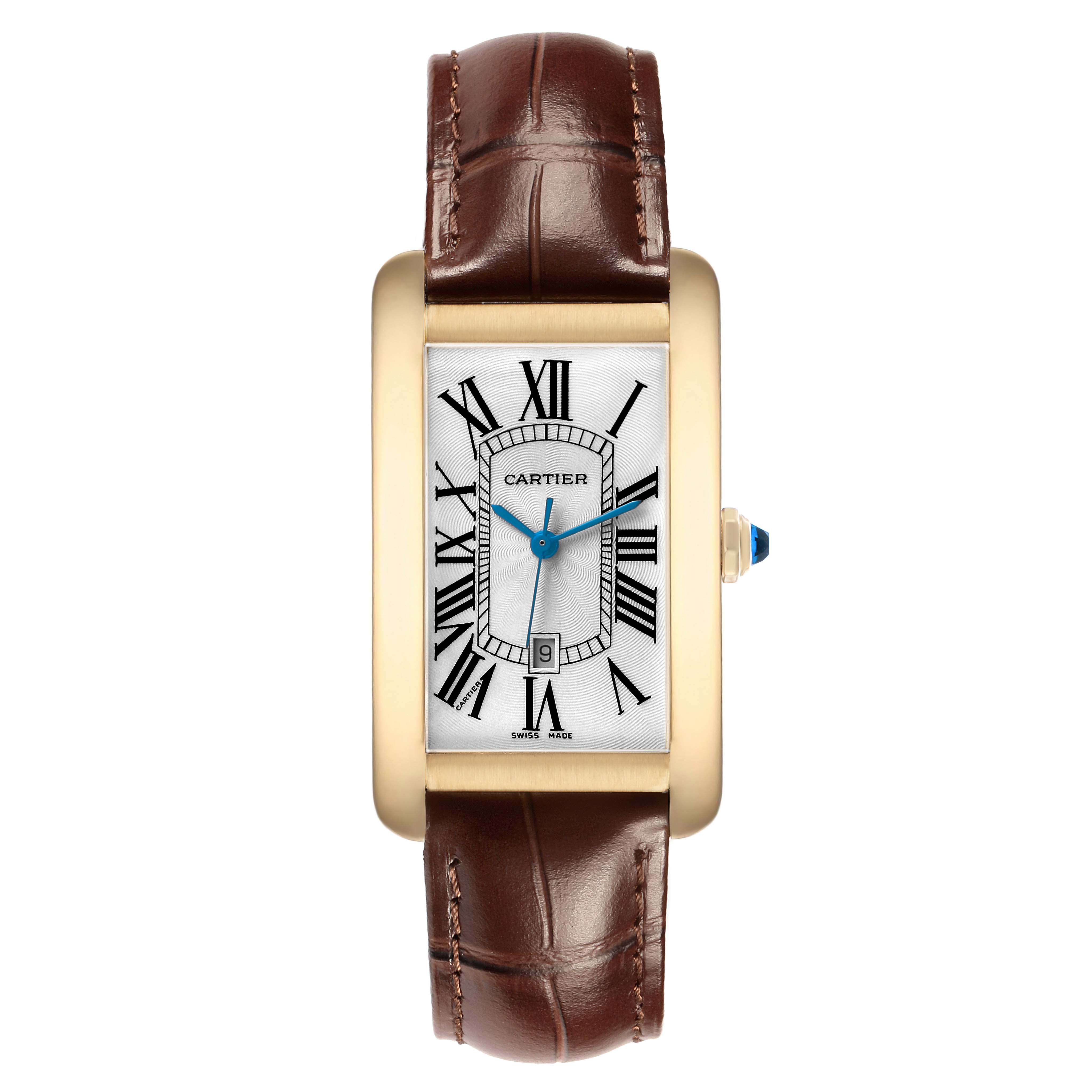 The Cartier Tank Américaine watch is shown from a front angle, displaying the dial, Roman numerals, and brown leather strap.