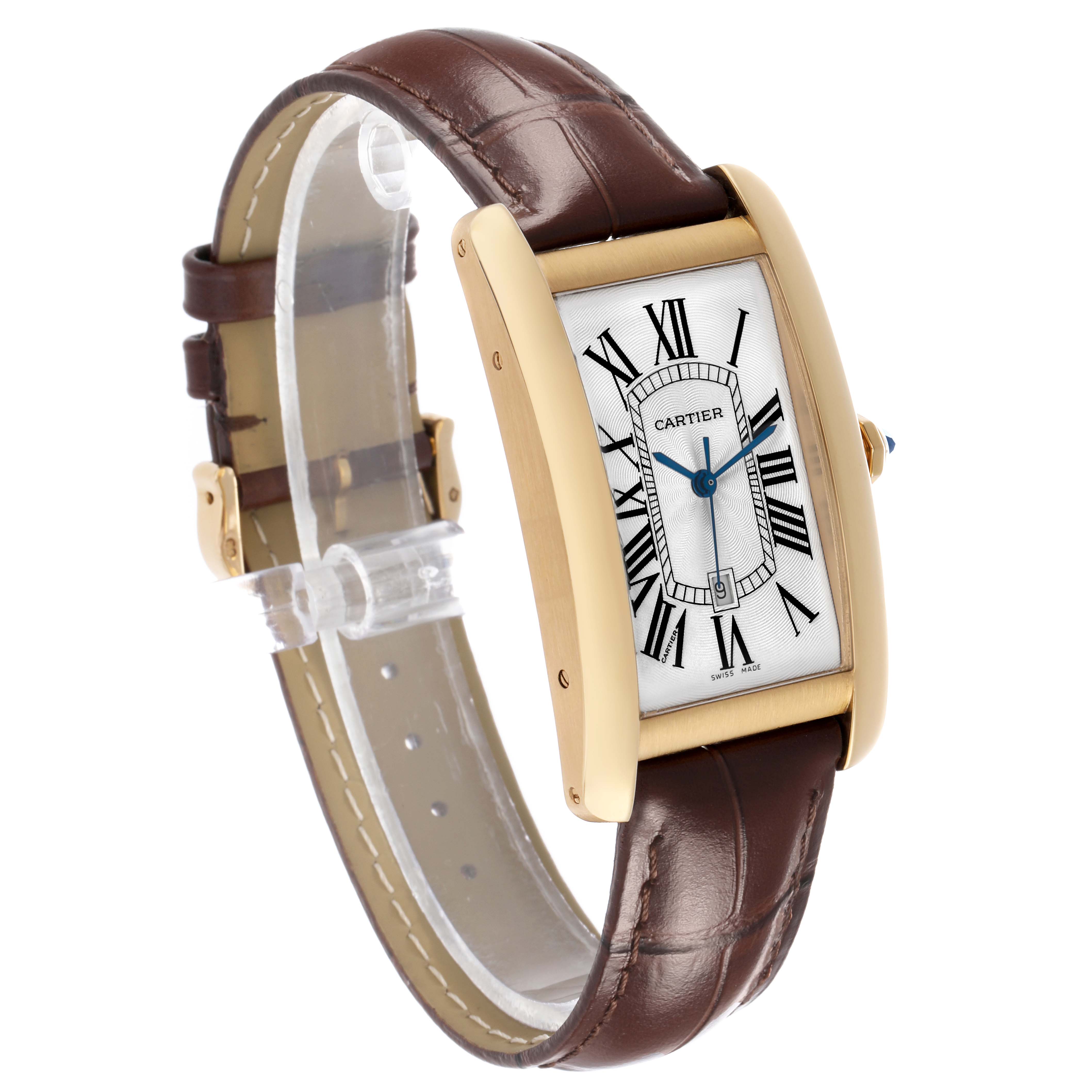 The Cartier Tank Americaine W2603156 Men's Yellow Gold Silver Dial watch is shown at a three-quarter angle, displaying the face, case, crown, and strap.