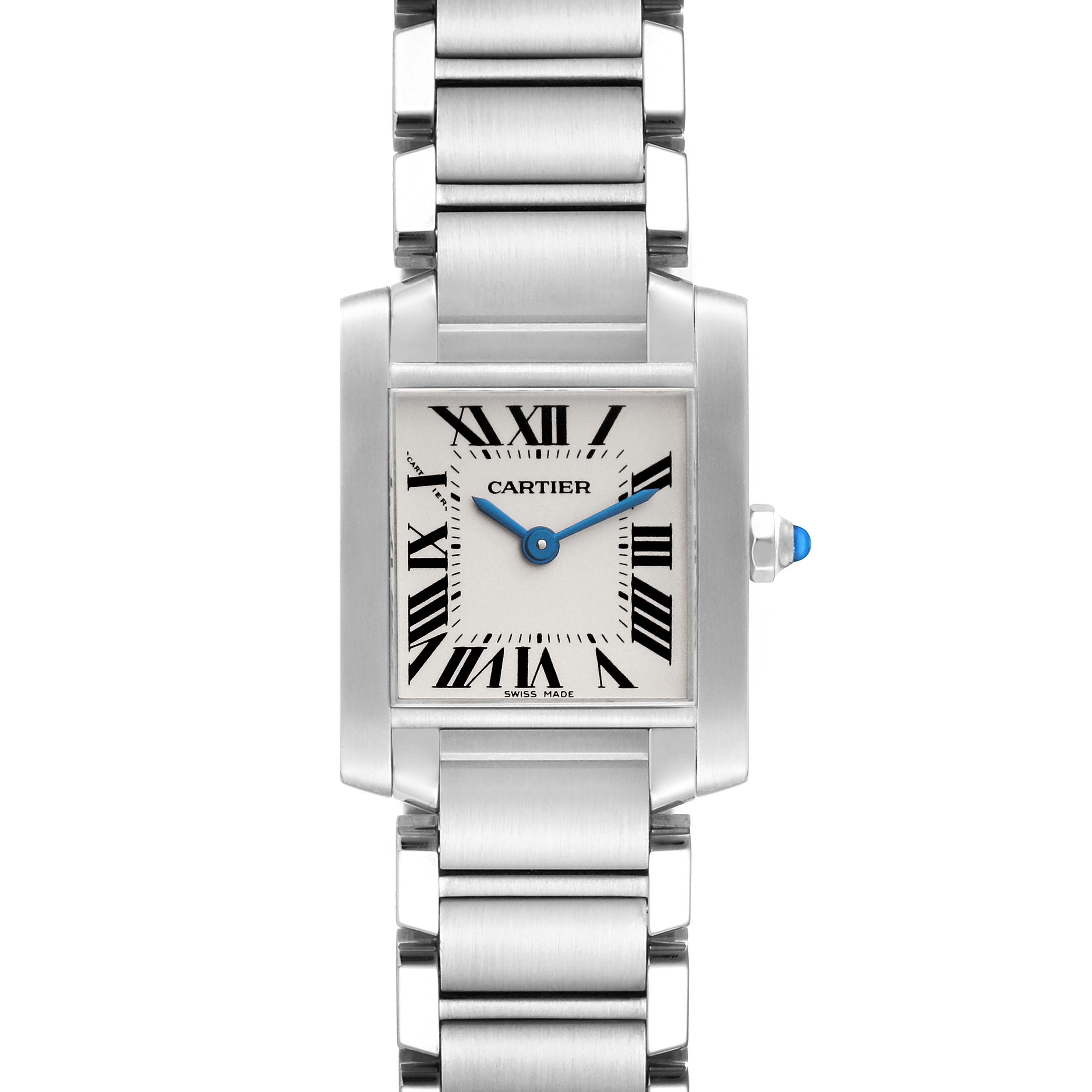 This image shows a front view of the Cartier Tank Francaise W51008Q3 Women's Stainless Steel Silver Dial W51008Q3 Women's Stainless Steel Silver Dial watch, displaying its face, bracelet, and crown.