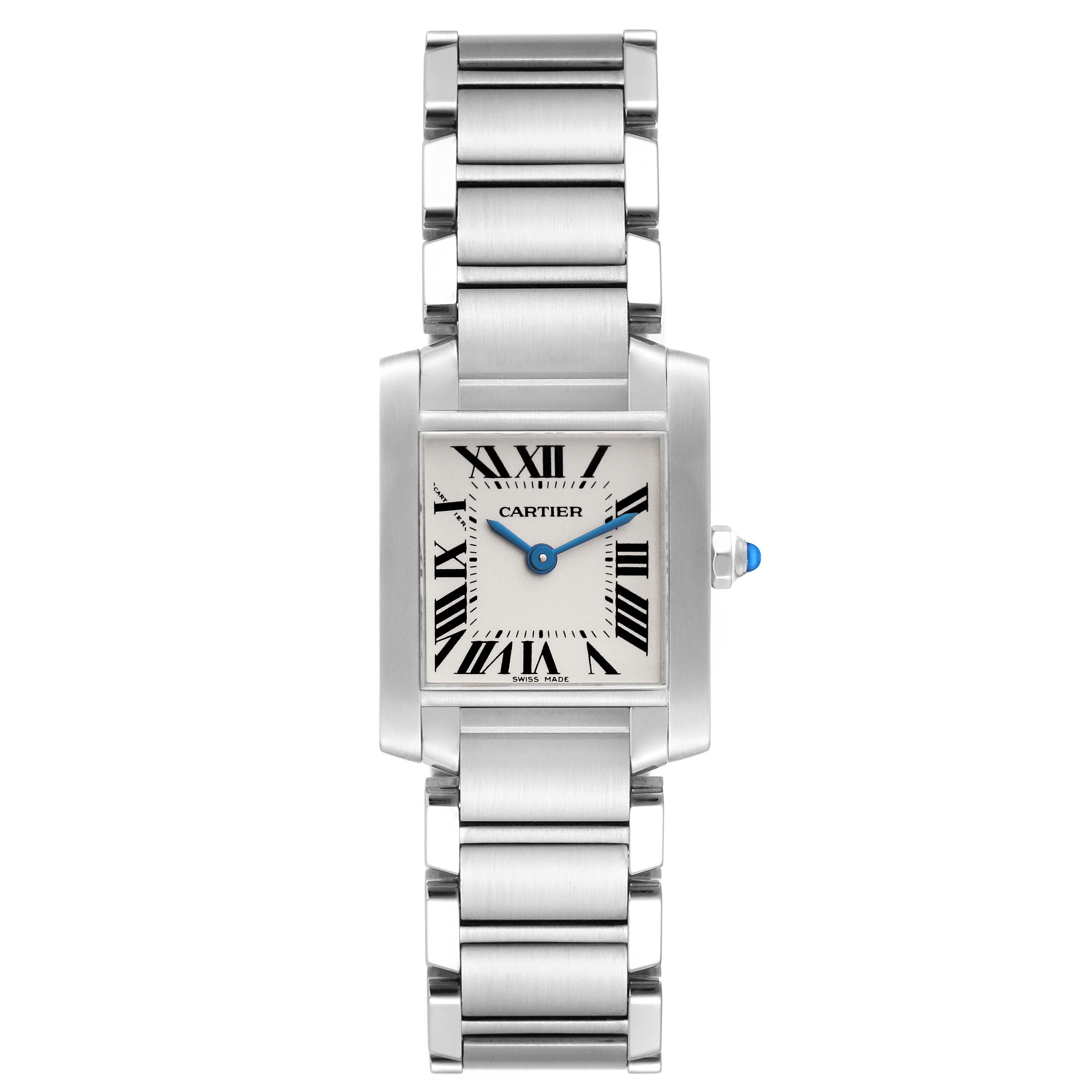 The image shows a Cartier Tank Française watch from a front angle, displaying its face, bracelet, and crown.