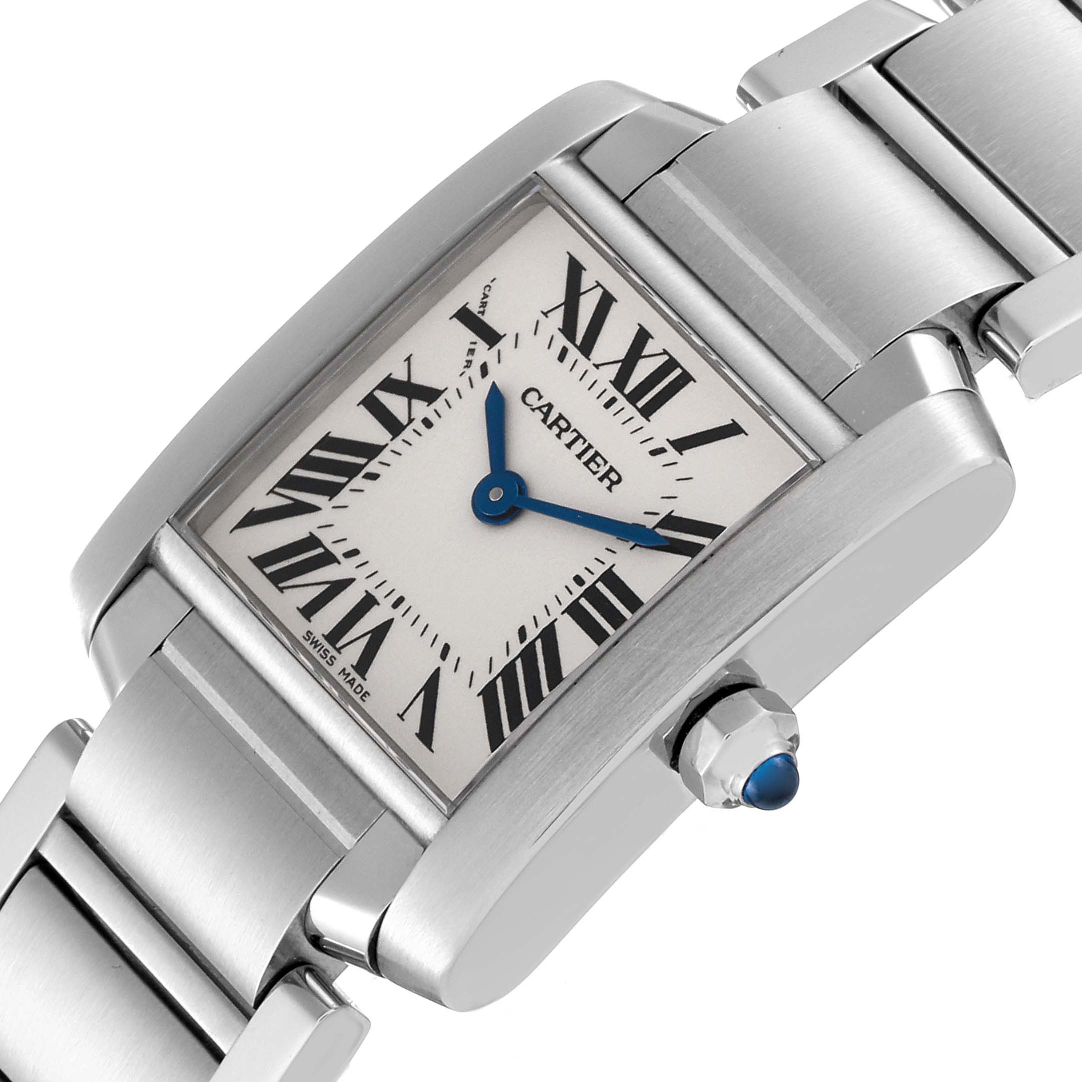 This image shows a Cartier Tank Francaise W51008Q3 Women's Stainless Steel Silver Dial W51008Q3 Women's Stainless Steel Silver Dial watch at an angle emphasizing the face, blue hands, crown, and stainless steel bracelet.