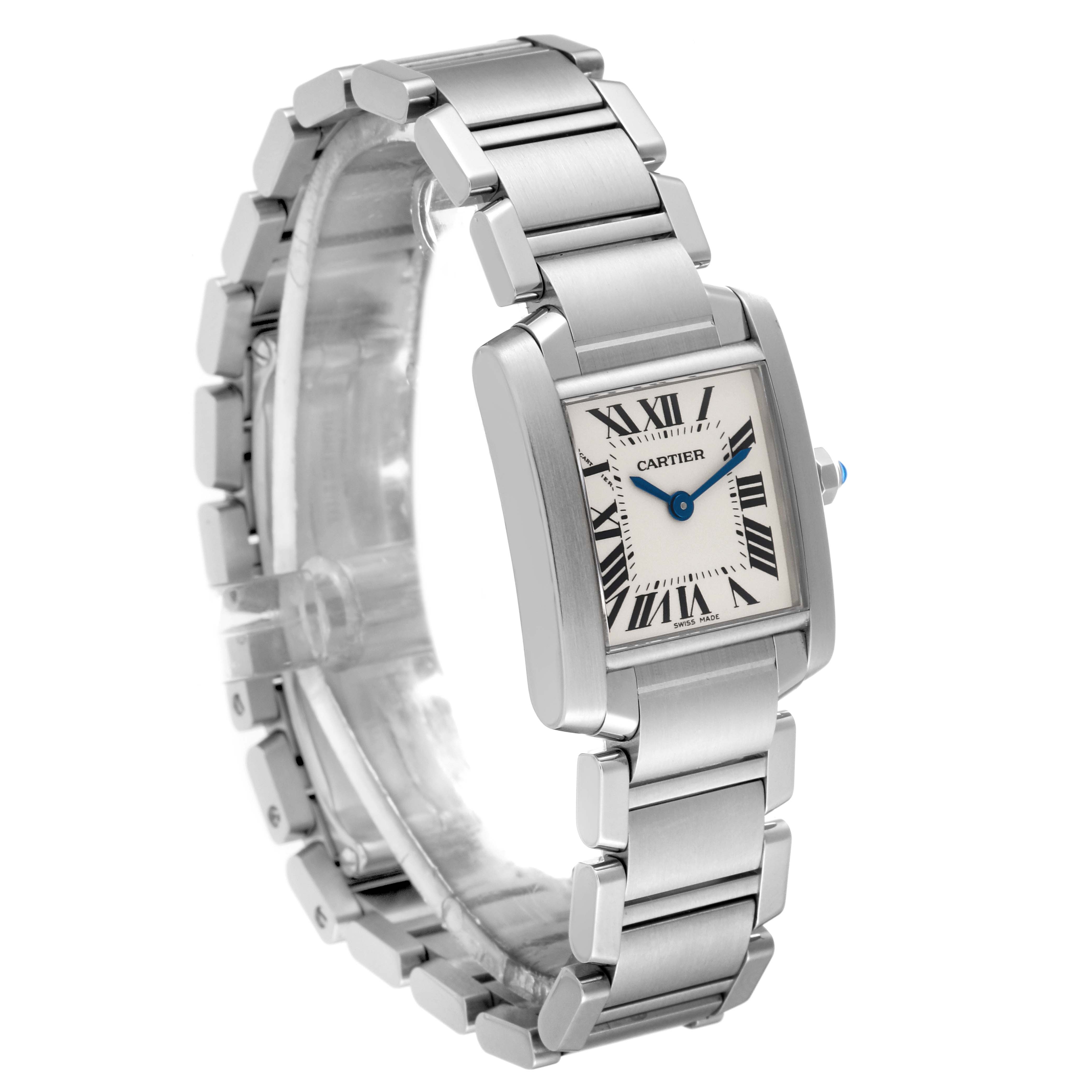 The image shows a Cartier Tank Francaise W51008Q3 Women's Stainless Steel Silver Dial W51008Q3 Women's Stainless Steel Silver Dial watch at a three-quarter angle, highlighting the face, bracelet, and part of the crown.