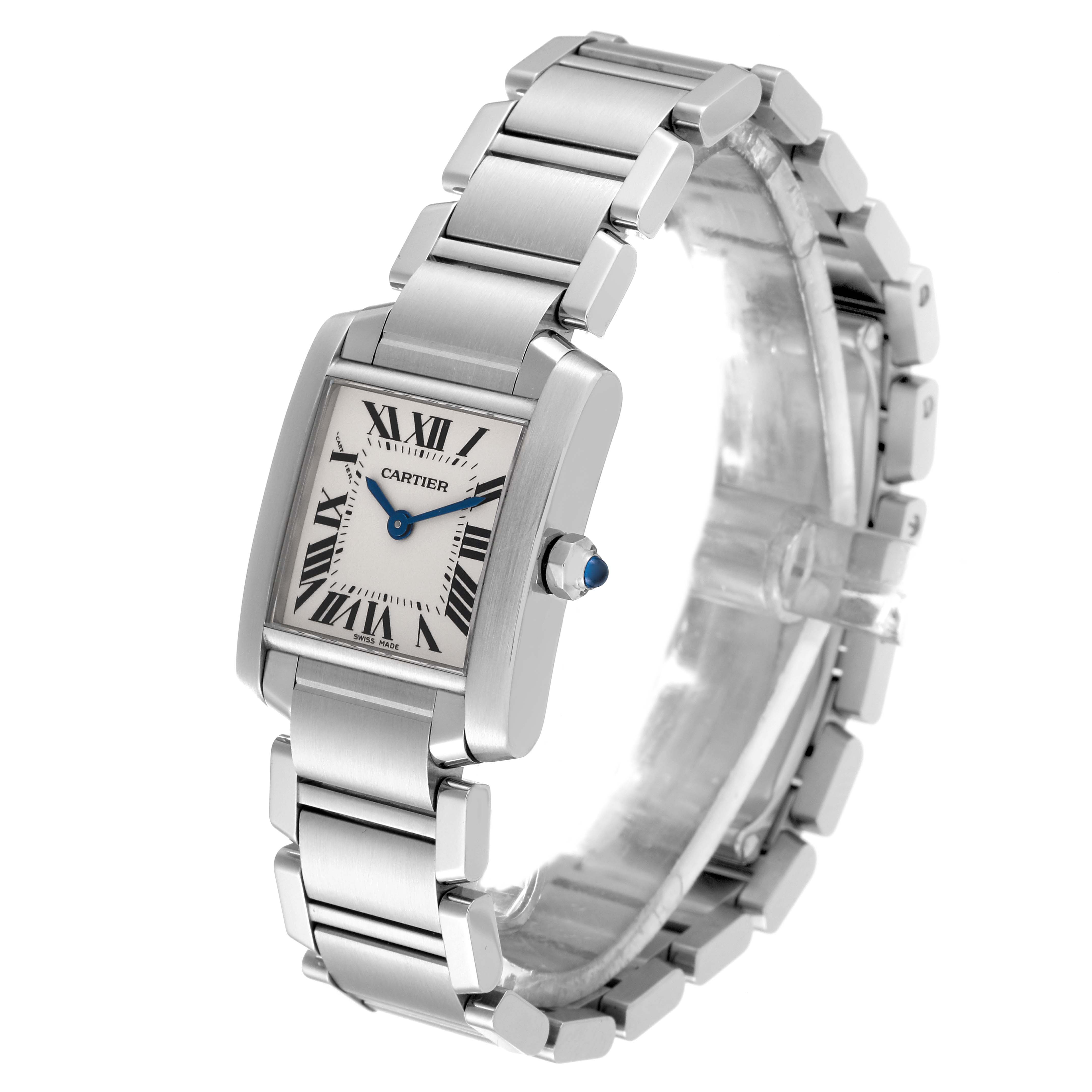The image shows a Cartier Tank Francaise W51008Q3 Women's Stainless Steel Silver Dial W51008Q3 Women's Stainless Steel Silver Dial watch from an angled view, highlighting its face, bracelet, and crown.