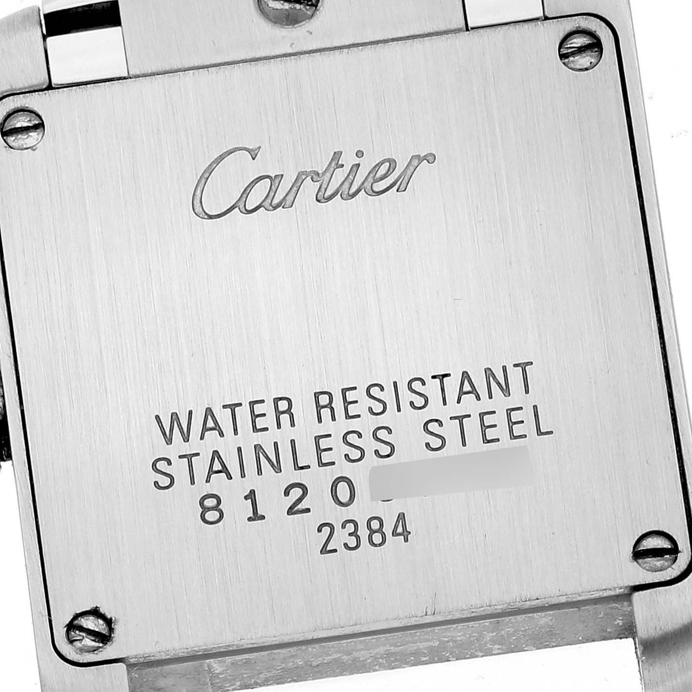 The image shows the back case of a Cartier Tank Francaise W51008Q3 Women's Stainless Steel Silver Dial W51008Q3 Women's Stainless Steel Silver Dial watch, displaying the brand, model information, and material details.