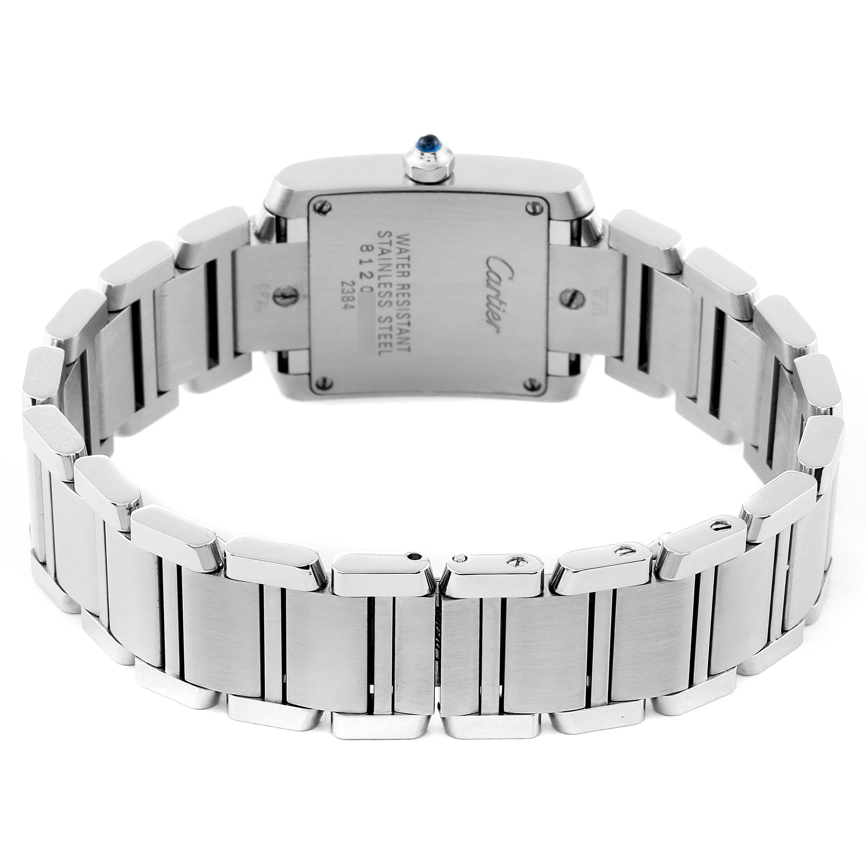 The image shows the back view of the Cartier Tank Francaise W51008Q3 Women's Stainless Steel Silver Dial W51008Q3 Women's Stainless Steel Silver Dial watch, focusing on the stainless steel bracelet and case back.