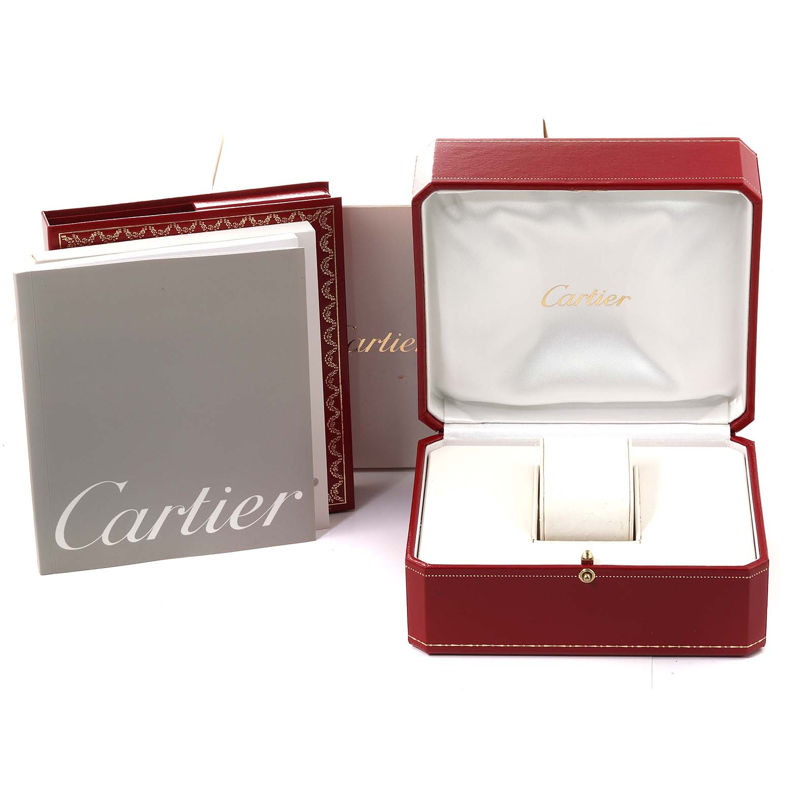 The image shows the packaging, including the box and booklet, for the Tank Francaise model by Cartier.