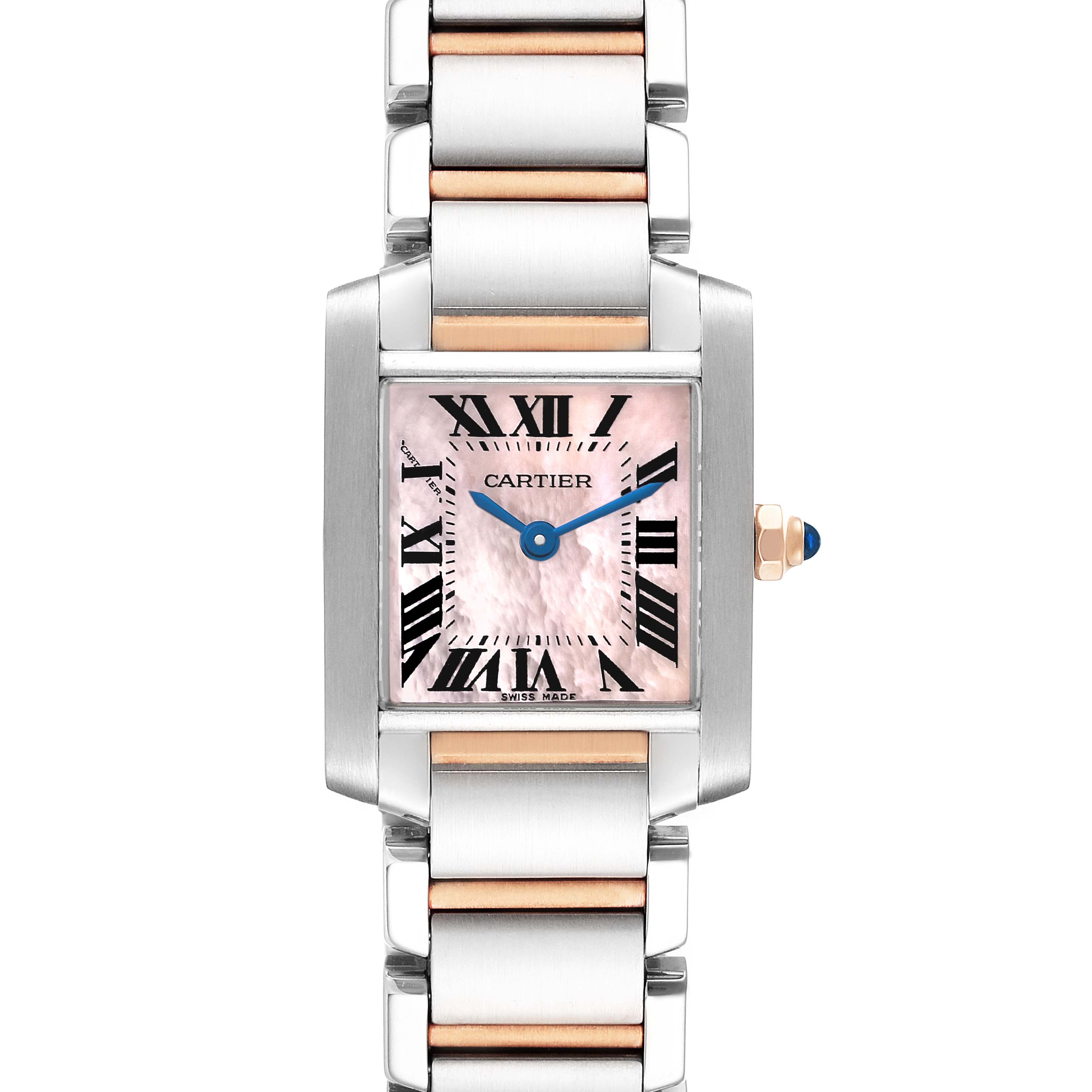 The image shows a front view of the Cartier Tank Francaise W51027Q4 Women's Steel and Gold (two tone) Mother of Pearl Dial W51027Q4 Women's Steel and Gold (two tone) Mother of Pearl Dial watch, highlighting its face and part of its metal bracelet.