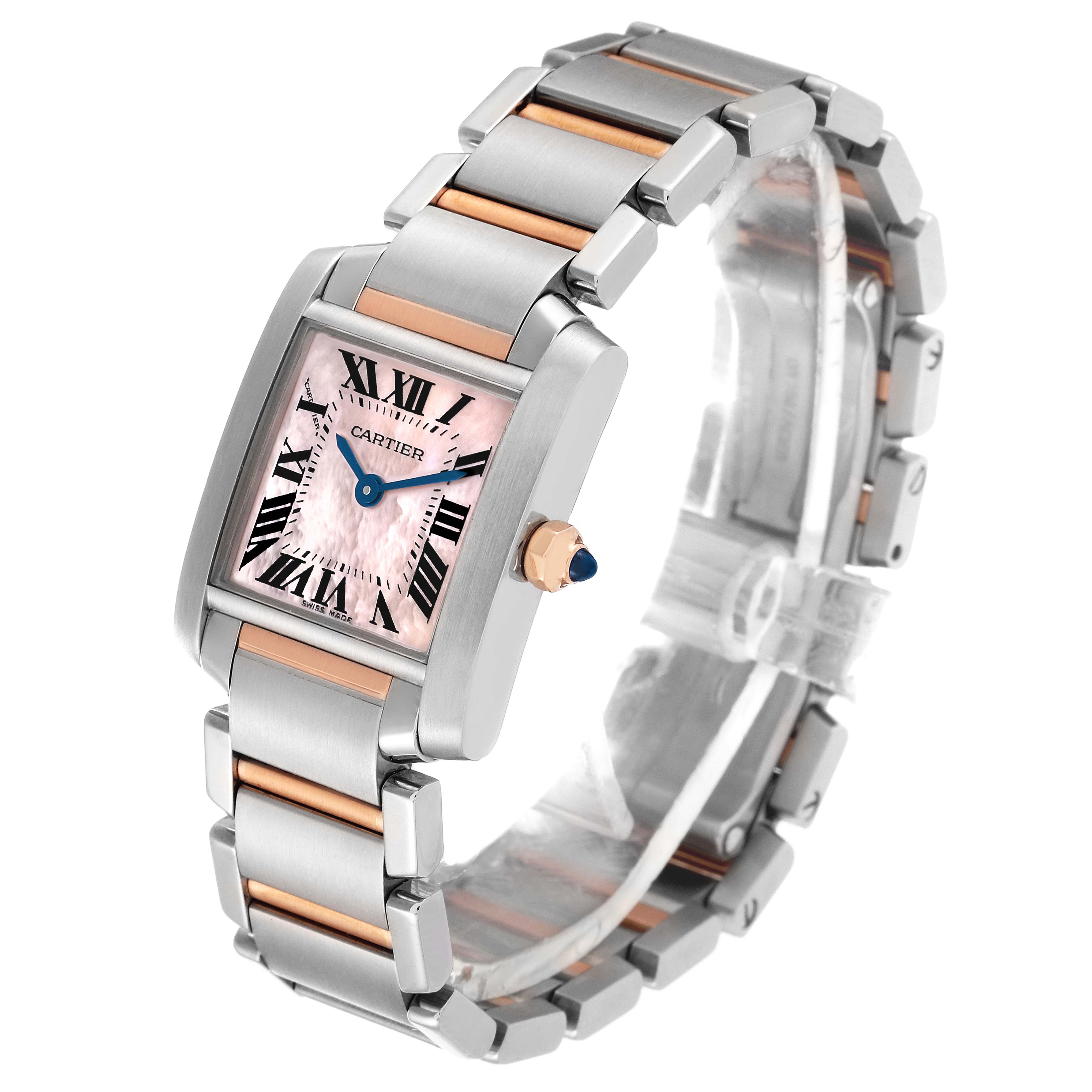 The image shows a Cartier Tank Française watch at a 3/4 angle, highlighting the face, bezel, and dual-tone bracelet.