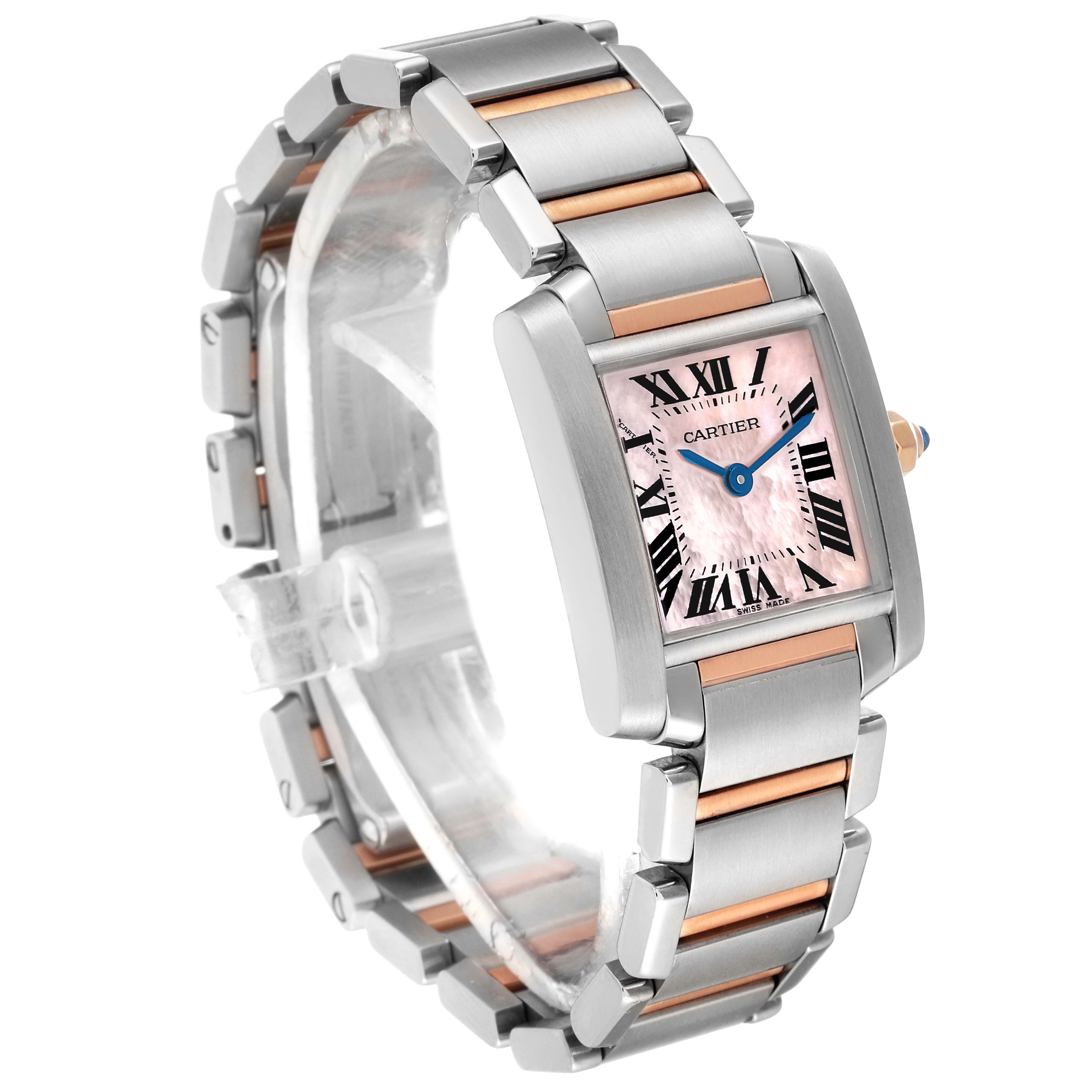 The image shows a Cartier Tank Francaise W51027Q4 Women's Steel and Gold (two tone) Mother of Pearl Dial W51027Q4 Women's Steel and Gold (two tone) Mother of Pearl Dial watch at a three-quarter angle, highlighting its bracelet and rectangular face.