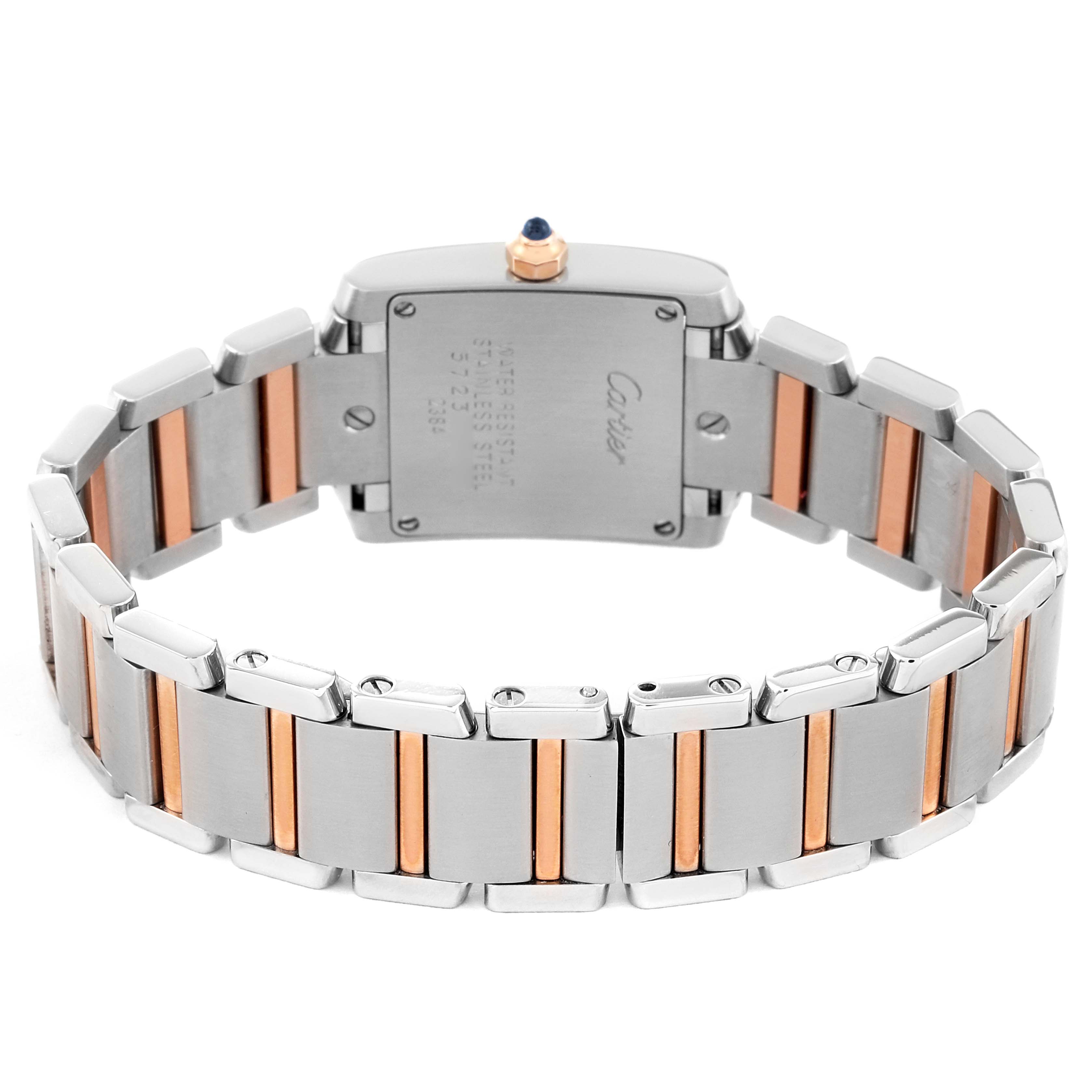 This image shows the back view of the strap and case of a Cartier Tank Française watch.