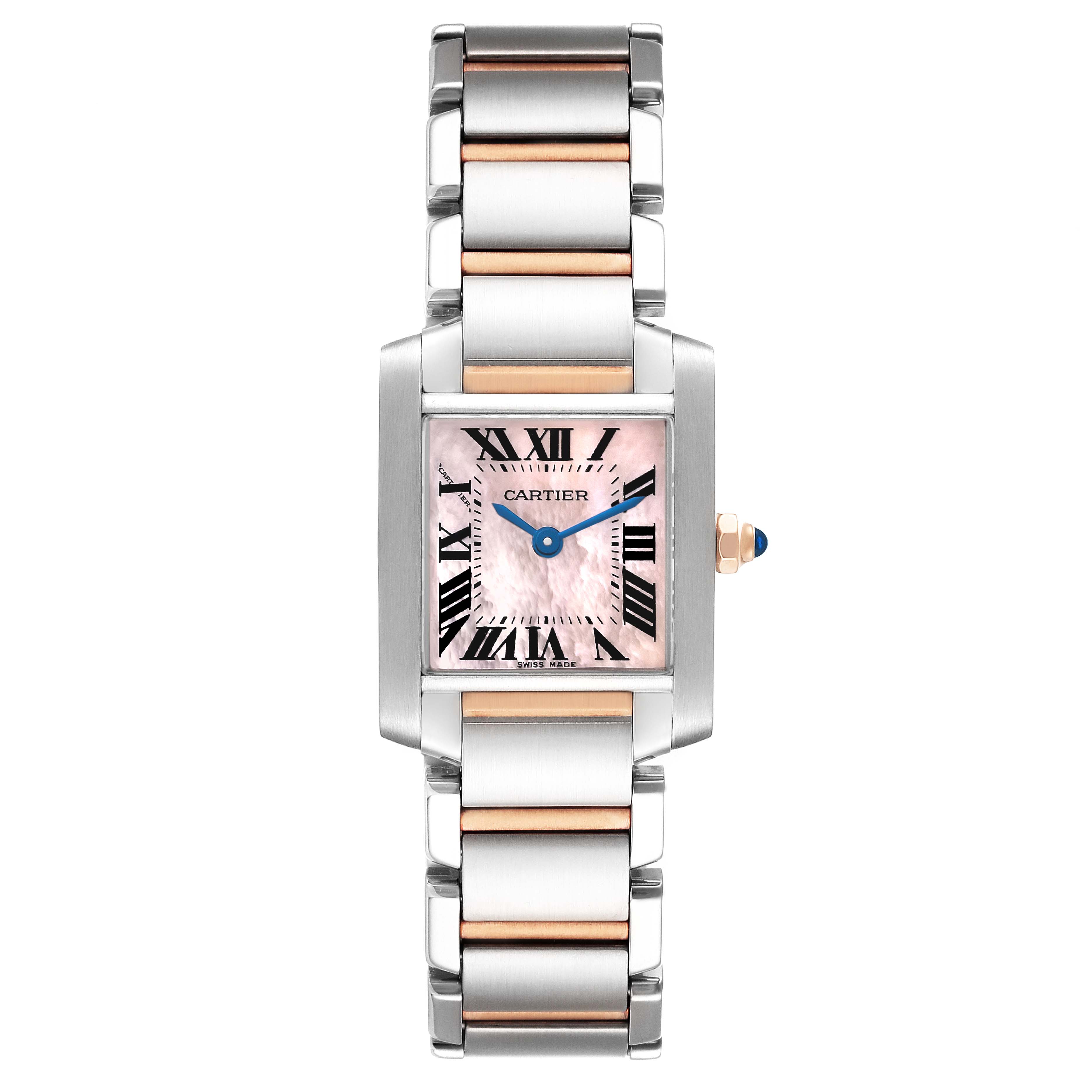 This is a front view of the Cartier Tank Francaise W51027Q4 Women's Steel and Gold (two tone) Mother of Pearl Dial W51027Q4 Women's Steel and Gold (two tone) Mother of Pearl Dial watch, showing its dial, bezel, and bracelet.
