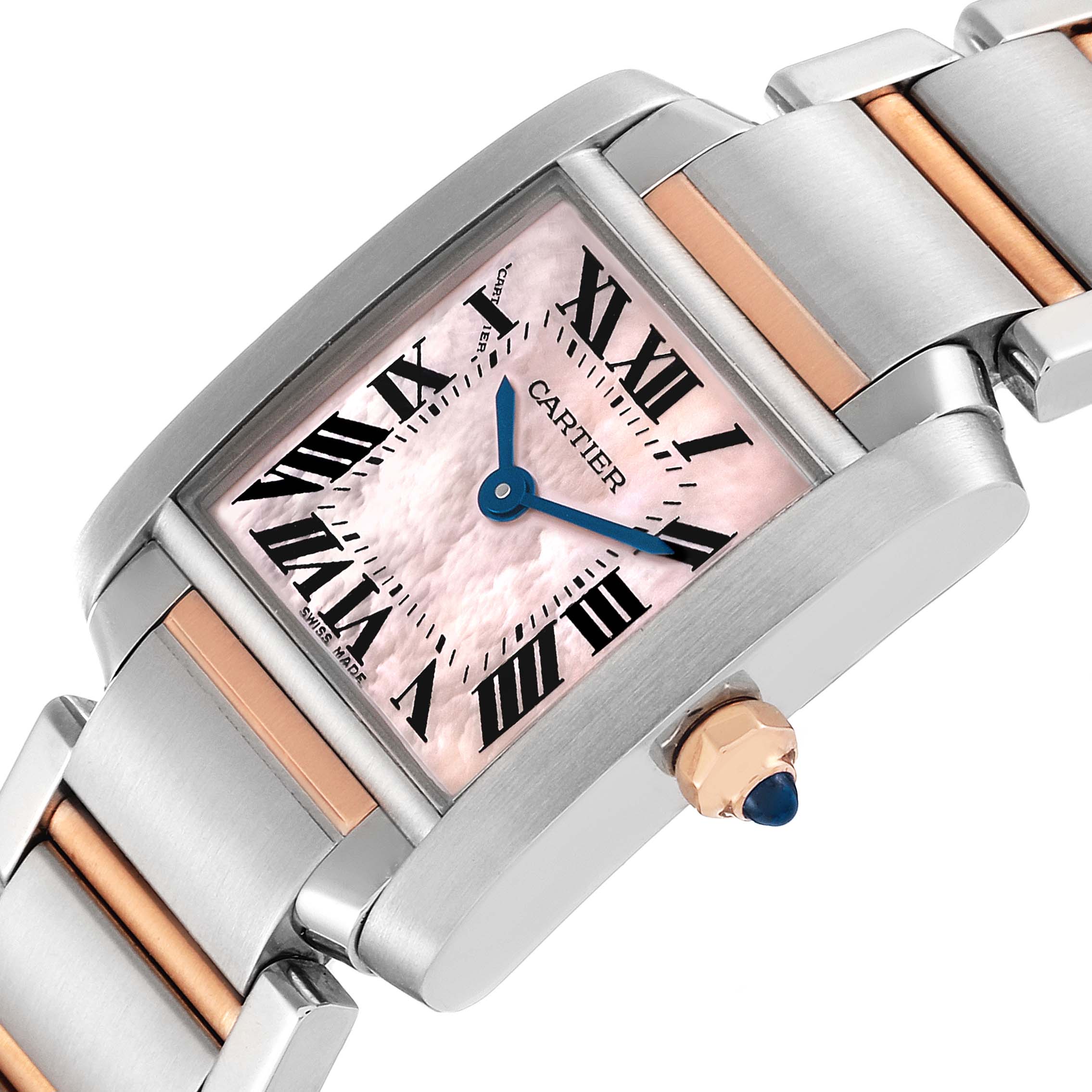 This image shows a close-up side angle of the Cartier Tank Francaise W51027Q4 Women's Steel and Gold (two tone) Mother of Pearl Dial W51027Q4 Women's Steel and Gold (two tone) Mother of Pearl Dial watch face and part of the bracelet.