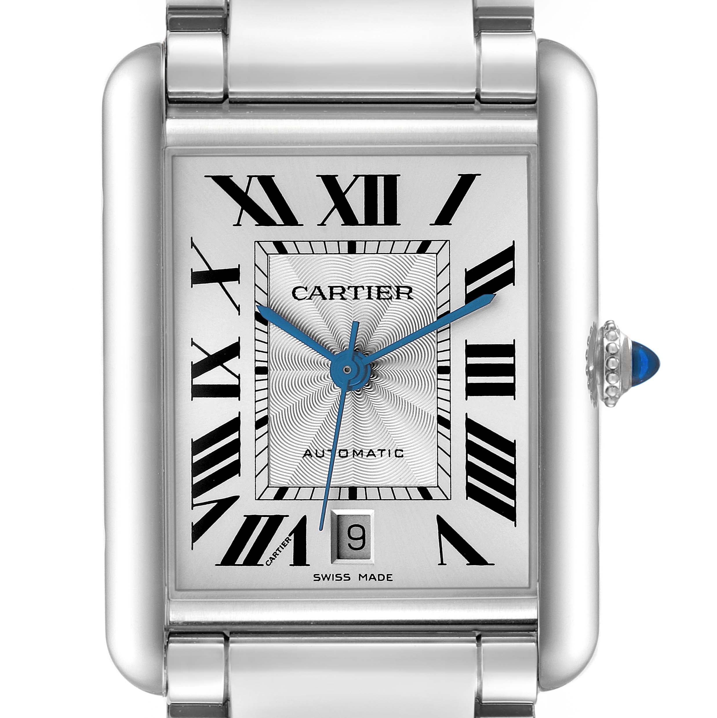 The image shows a frontal view of a Cartier Tank Must WSTA0053 Men's Stainless Steel Silver Dial watch, highlighting its rectangular face, Roman numerals, and blue hands.