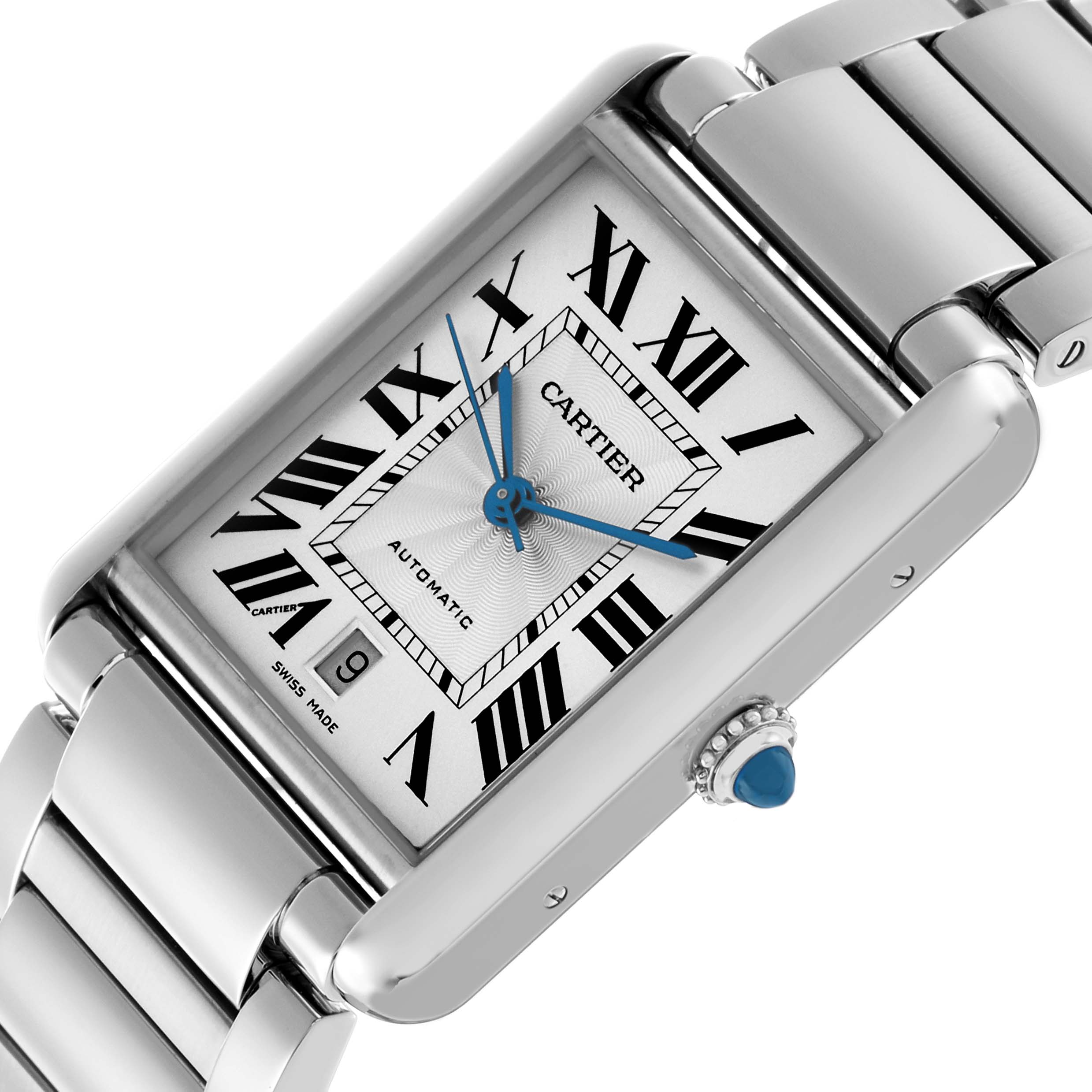 The Cartier Tank Must WSTA0053 Men's Stainless Steel Silver Dial watch is shown at an angled top view, highlighting its rectangular face, Roman numerals, and metal bracelet.