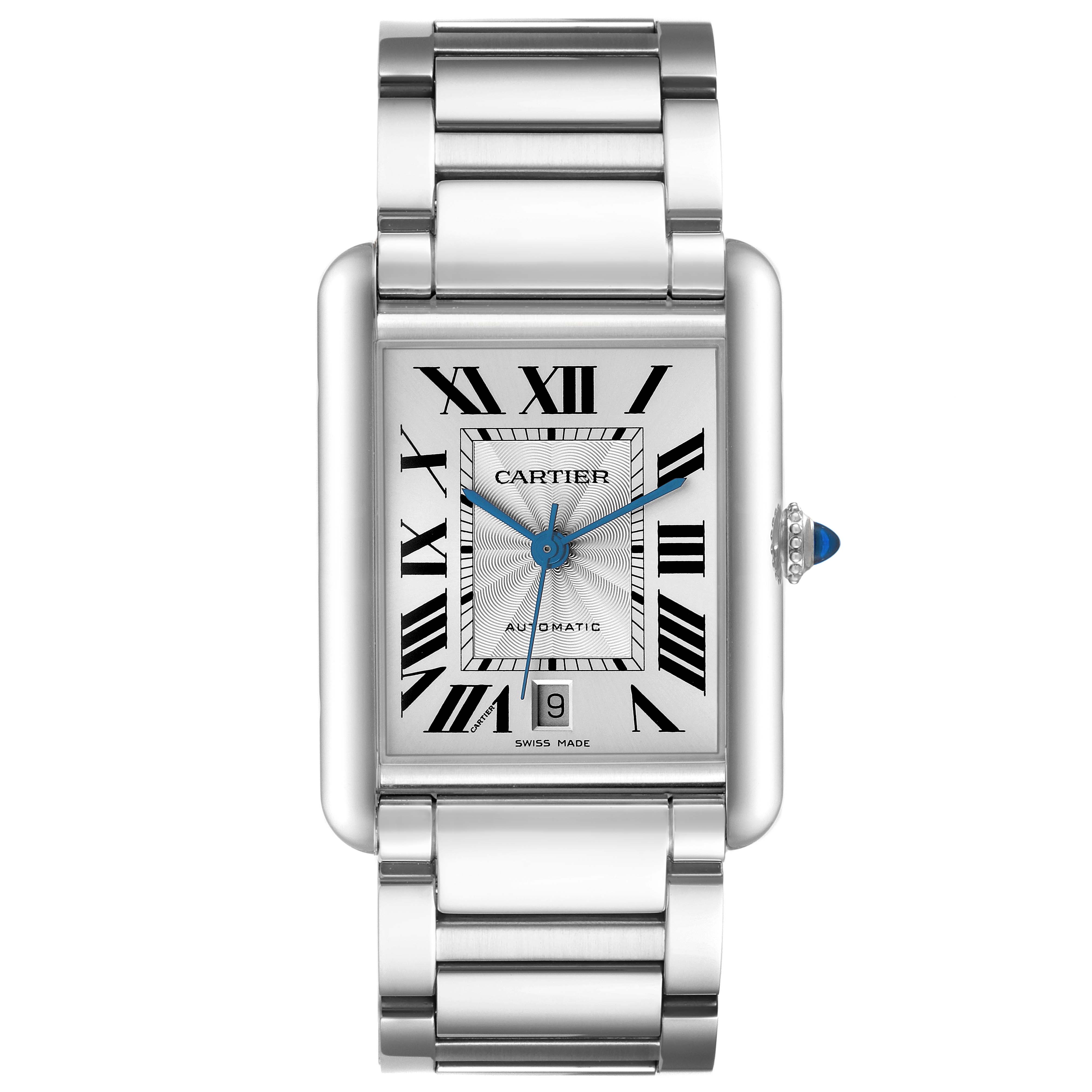 The Cartier Tank Must WSTA0053 Men's Stainless Steel Silver Dial watch is shown from the front, highlighting its rectangular face, Roman numerals, blue hands, and stainless steel bracelet.