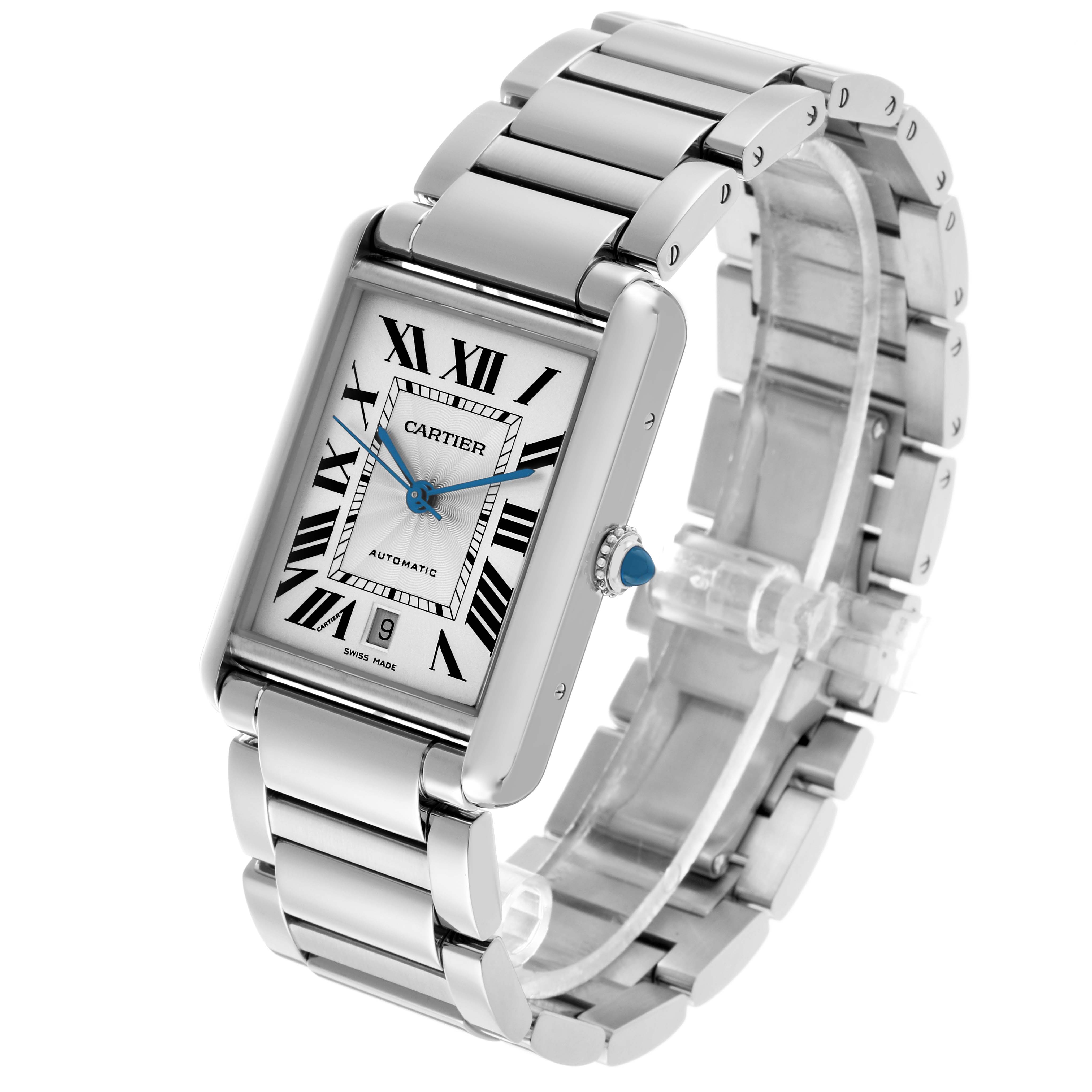 The Cartier Tank Must WSTA0053 Men's Stainless Steel Silver Dial watch is shown at a front-side angle, highlighting its Roman numeral dial, blue hands, and metal bracelet.