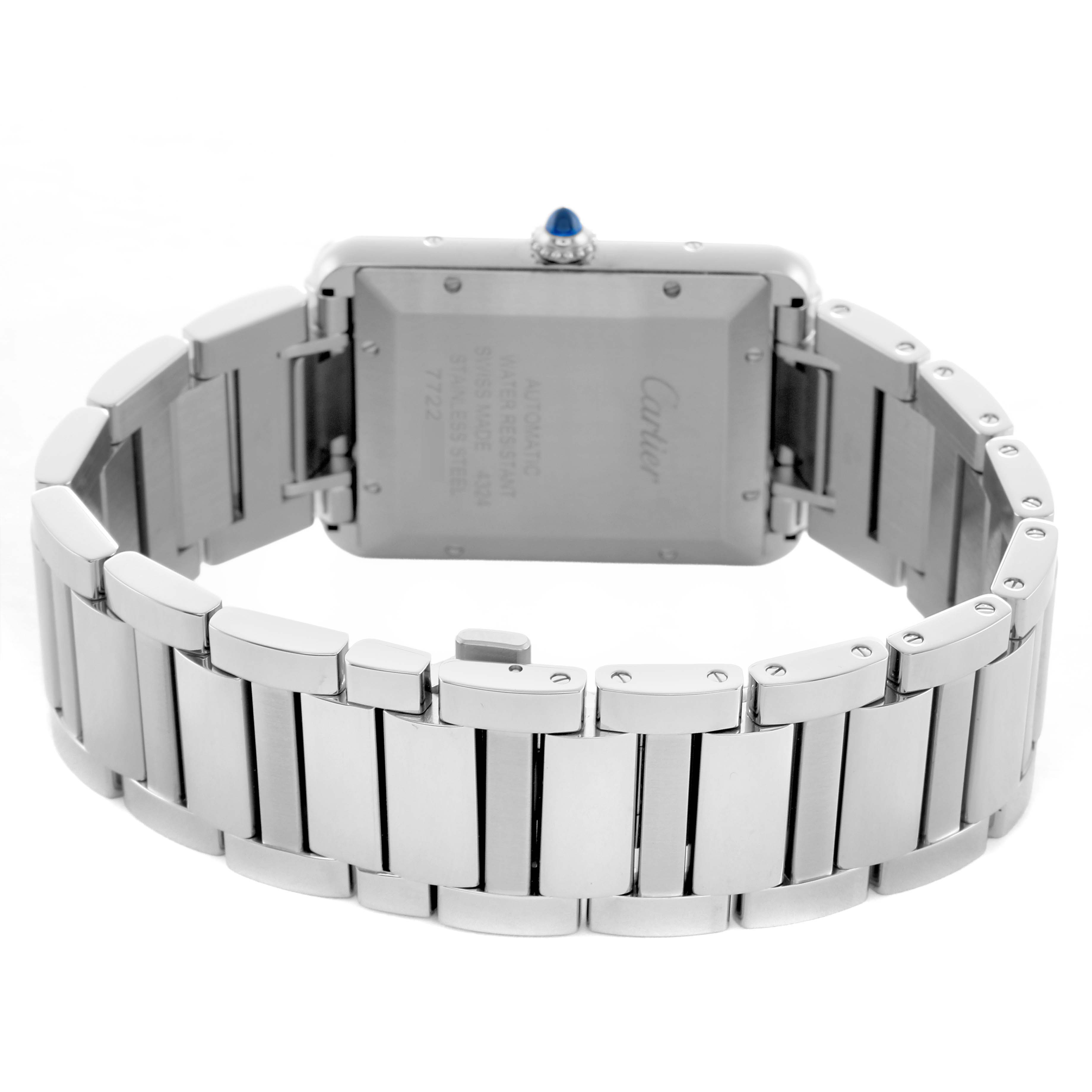 The Cartier Tank Must WSTA0053 Men's Stainless Steel Silver Dial watch is shown from the back, highlighting the stainless steel case and bracelet, with a visible crown.