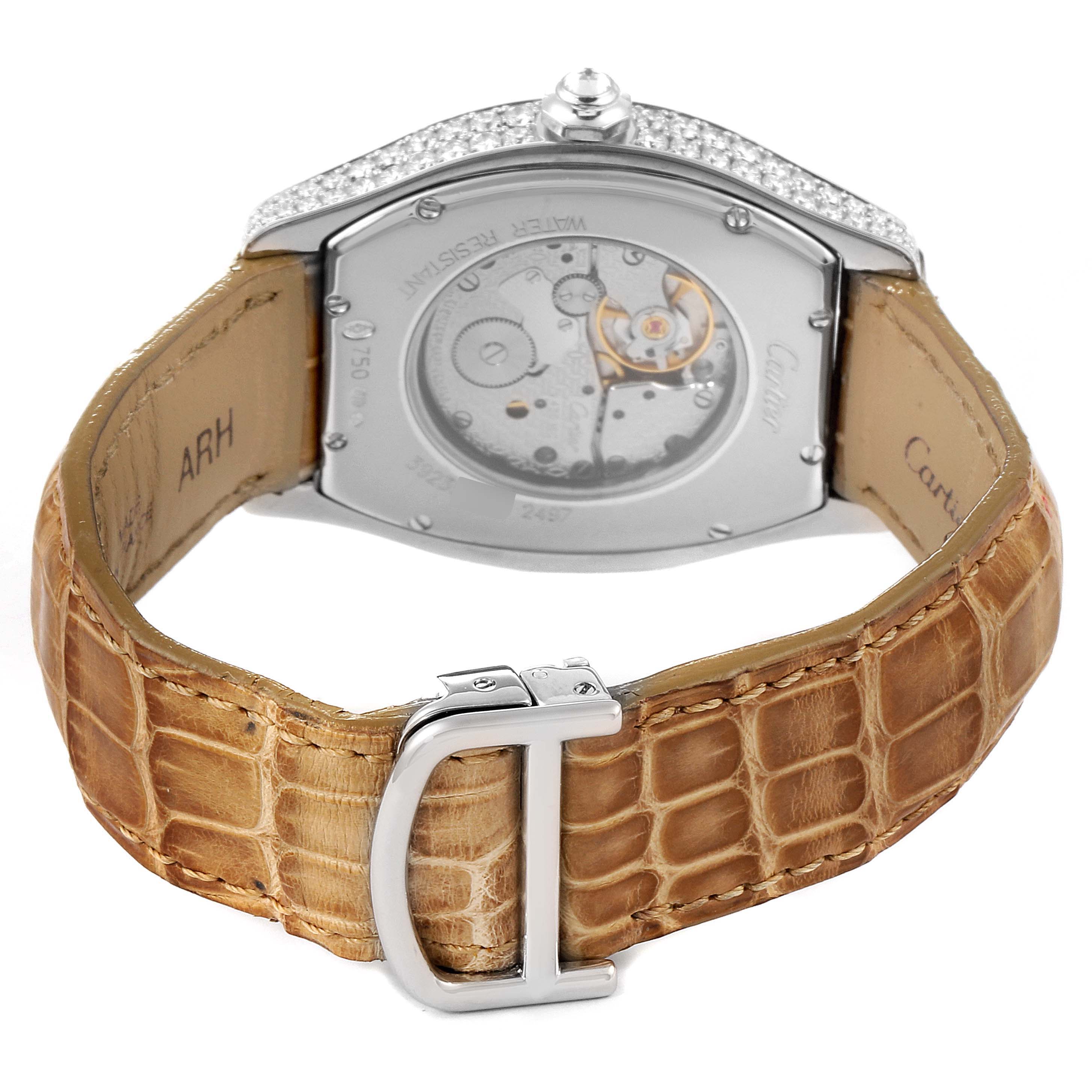 This image shows the back view of the Cartier Tortue WA504351 Men's White Gold Silver Dial WA504351 Men's White Gold Silver Dial watch, including the leather strap and metal buckle.