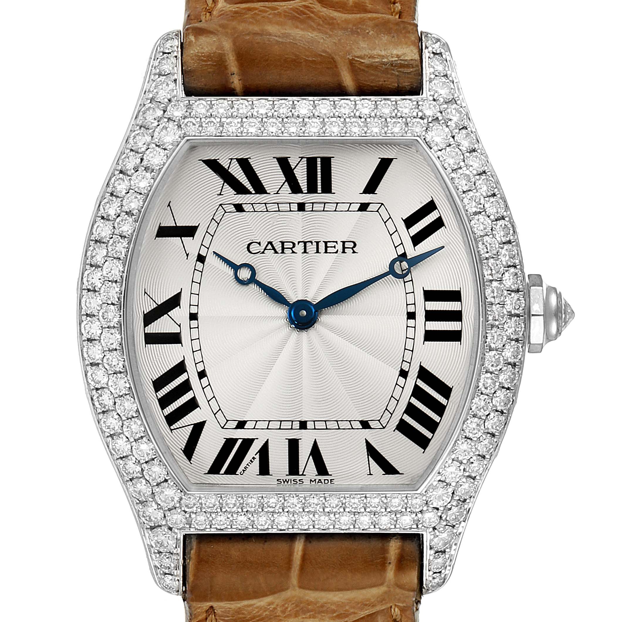 This image shows a close-up of the face of a Cartier Tortue WA504351 Men's White Gold Silver Dial WA504351 Men's White Gold Silver Dial watch, highlighting its dial, bezel, and strap connection.