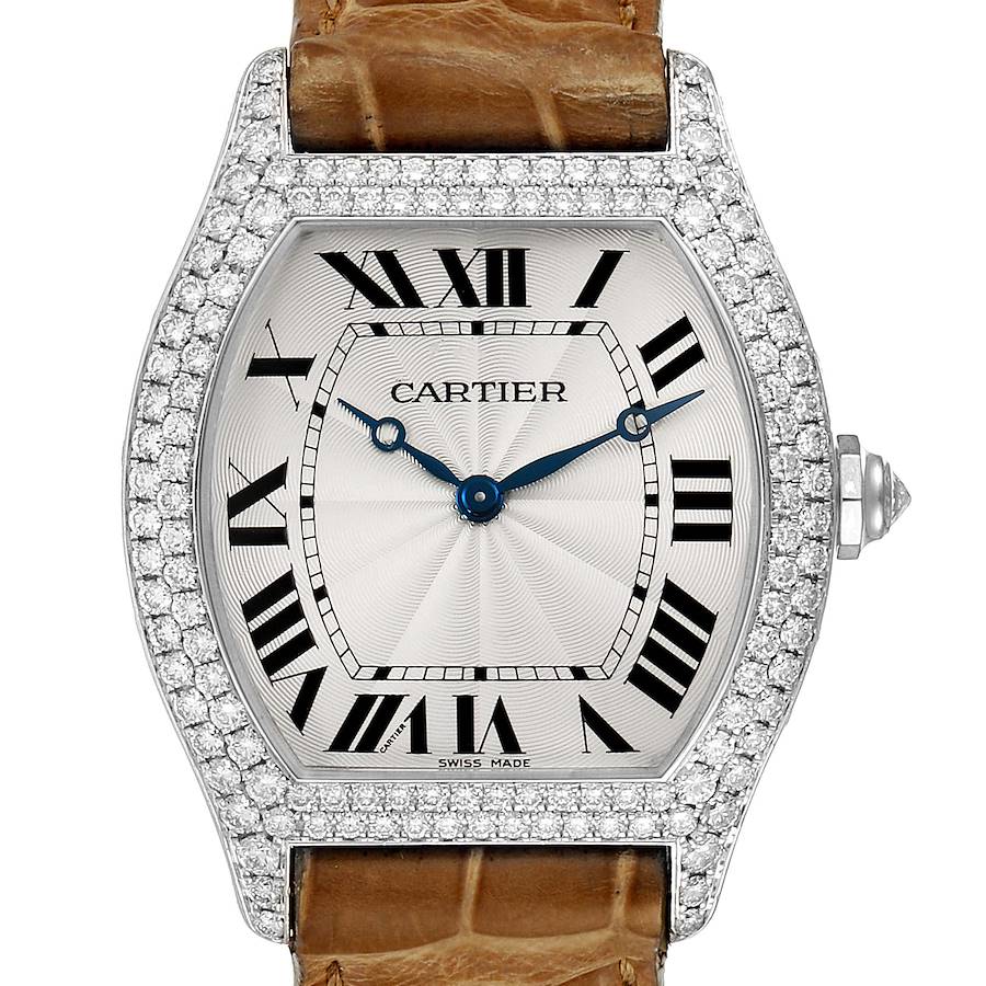 Cartier Tortue 18K White Gold Diamond Mens Watch WA504351 SwissWatchExpo