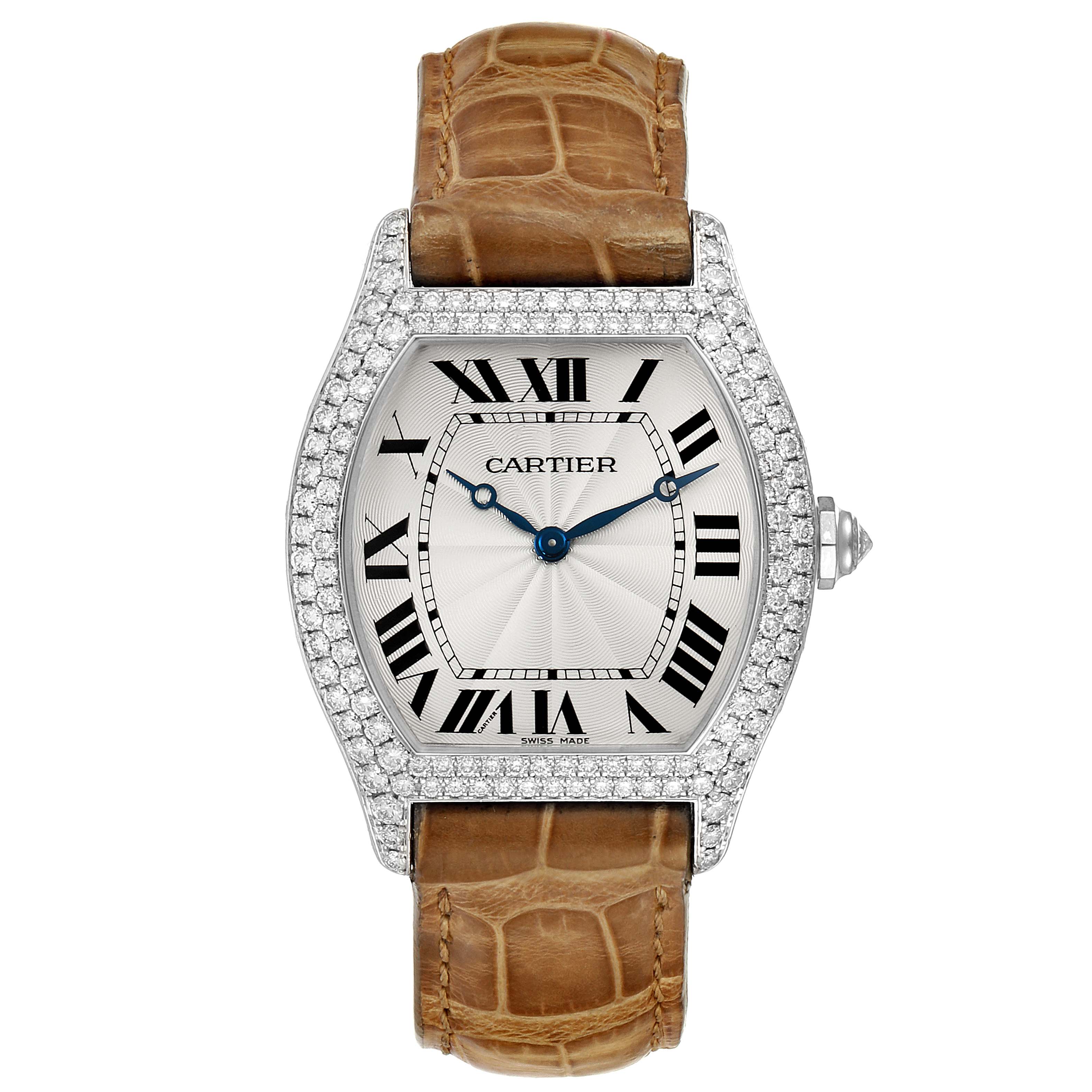 The image shows a front view of a Cartier Tortue WA504351 Men's White Gold Silver Dial WA504351 Men's White Gold Silver Dial watch with a diamond-encrusted bezel and brown leather strap.