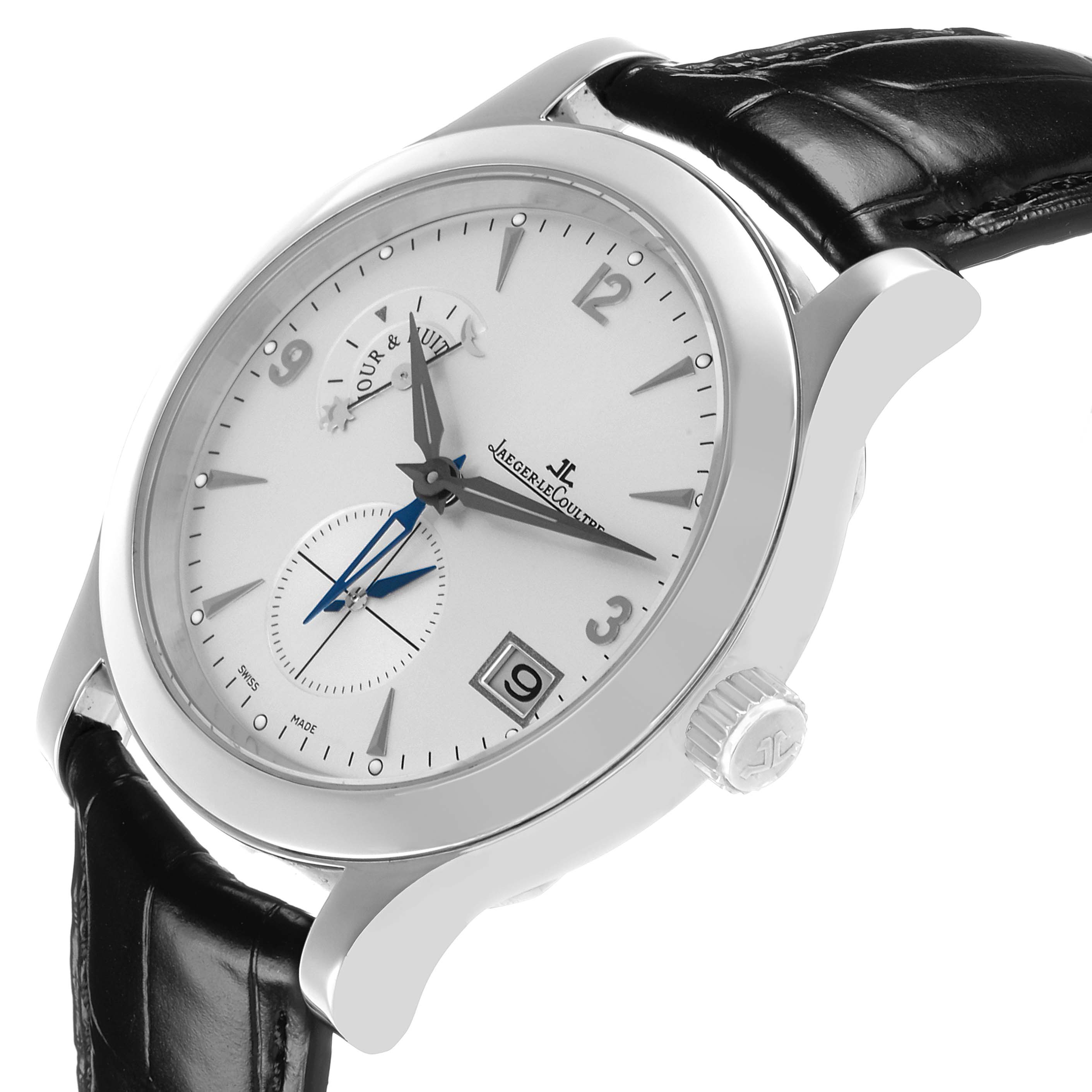 The Jaeger LeCoultre Master Q1628420 / 147.8.05.S Men's Stainless Steel Silver Dial watch is shown at an angled view, highlighting the dial, crown, and leather strap.