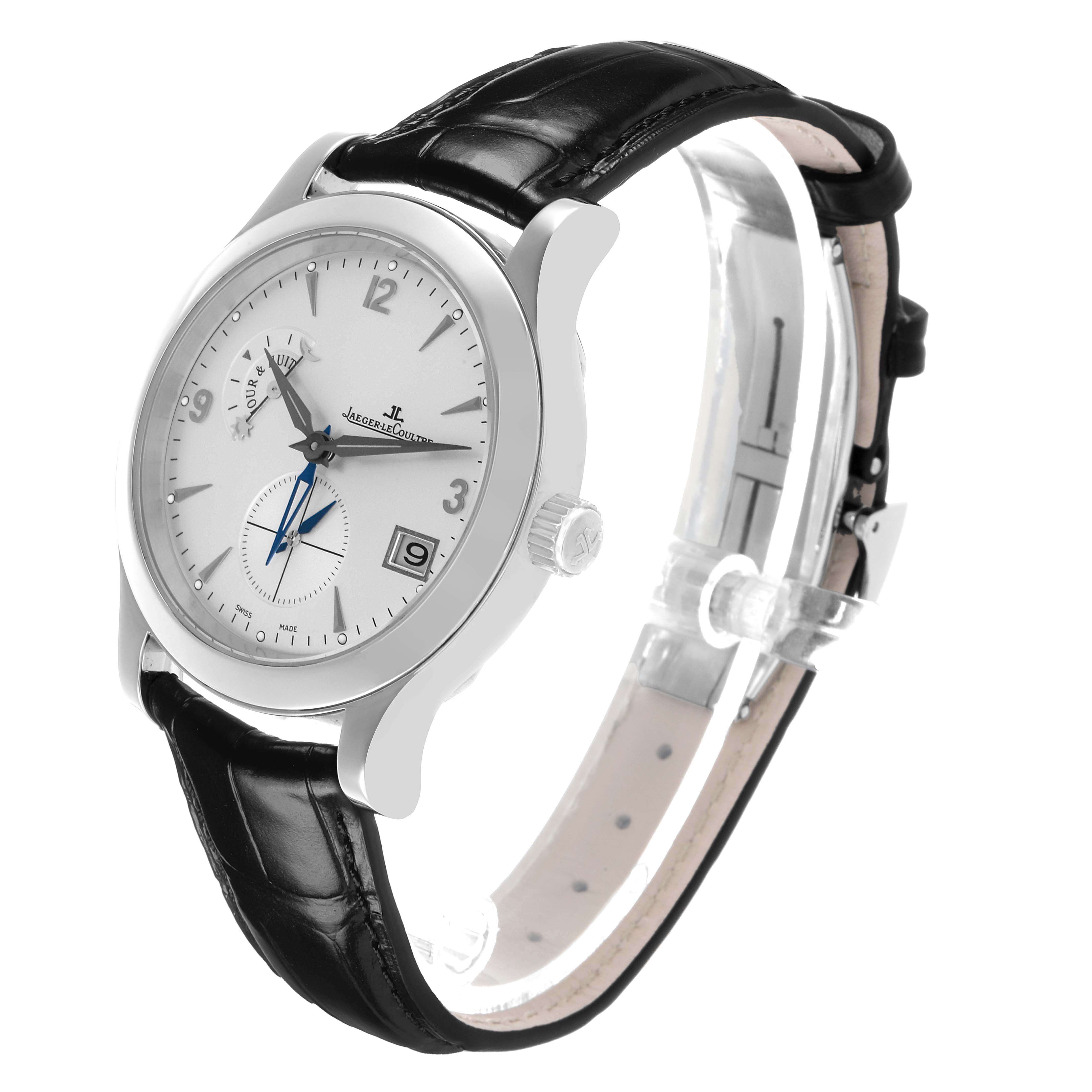 The Jaeger LeCoultre Master Q1628420 / 147.8.05.S Men's Stainless Steel Silver Dial watch is shown at a three-quarter angle, displaying the face, crown, and leather strap.