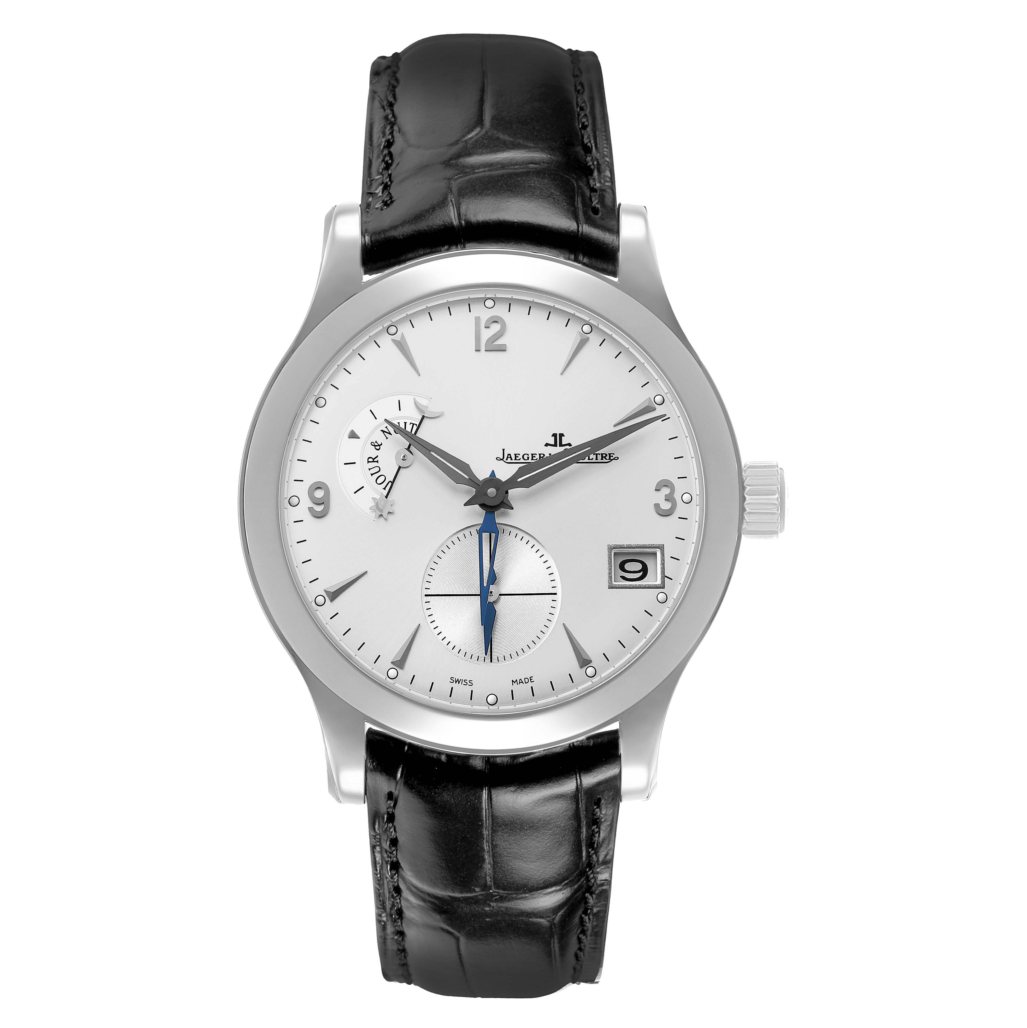 The Jaeger LeCoultre Master Q1628420 / 147.8.05.S Men's Stainless Steel Silver Dial watch is shown from the front, highlighting its dial, hands, subdials, and date window.