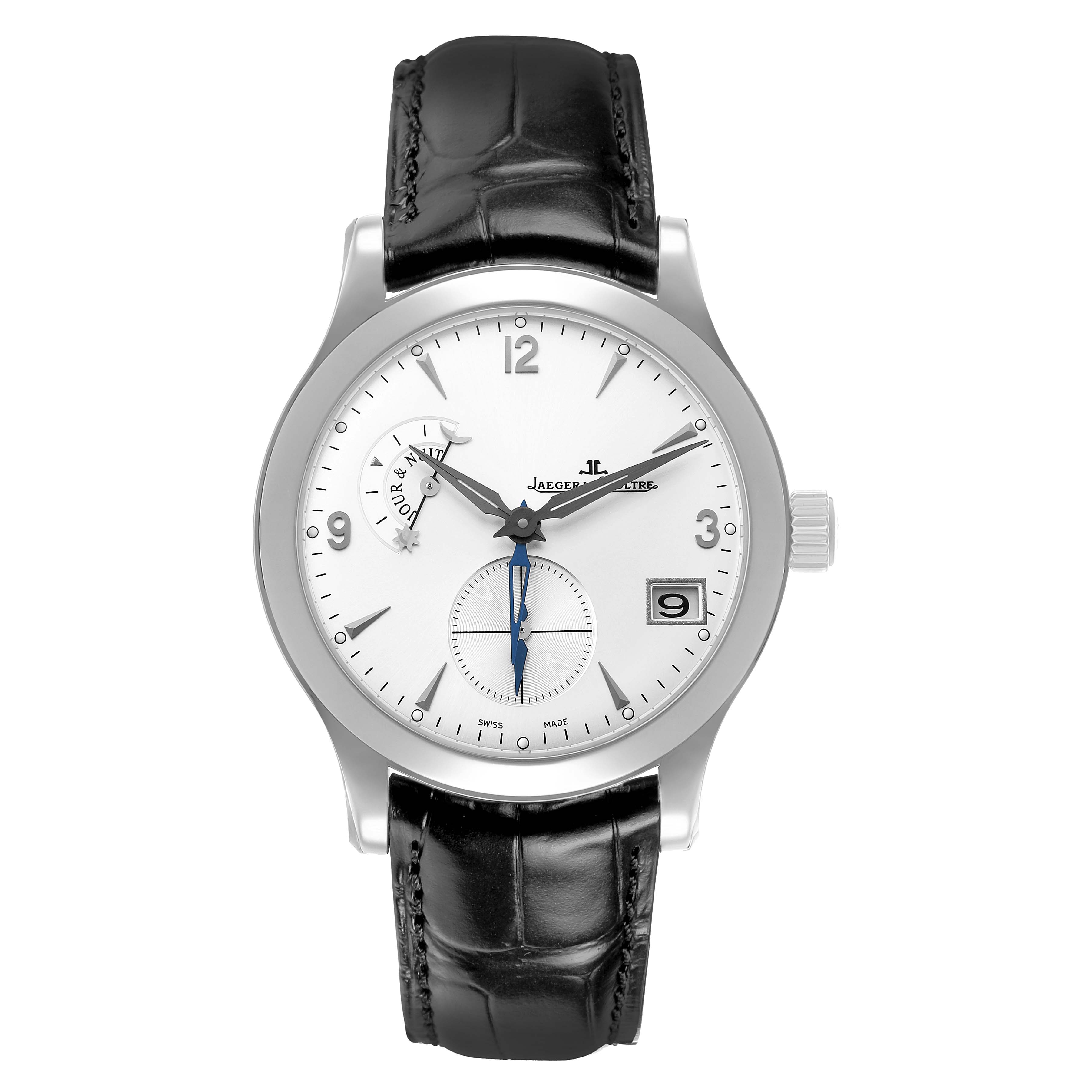 The Jaeger LeCoultre Master Q1628420 / 147.8.05.S Men's Stainless Steel Silver Dial model watch is shown from the front, displaying its dial, hands, subdial, and leather strap.