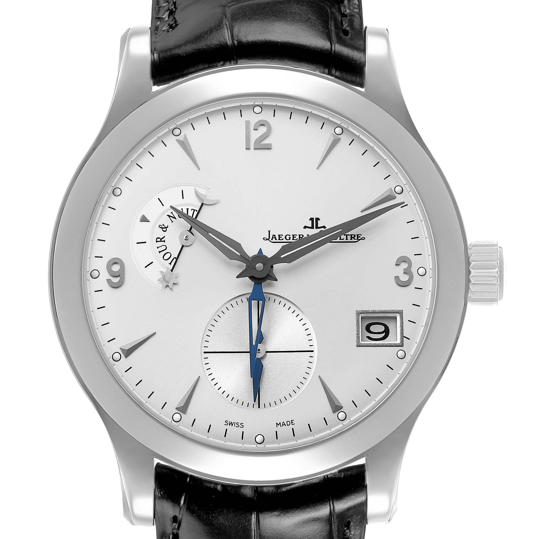 The watch is shown from the front, displaying the dial, hands, date window, and brand logo of the Jaeger-LeCoultre Master model.