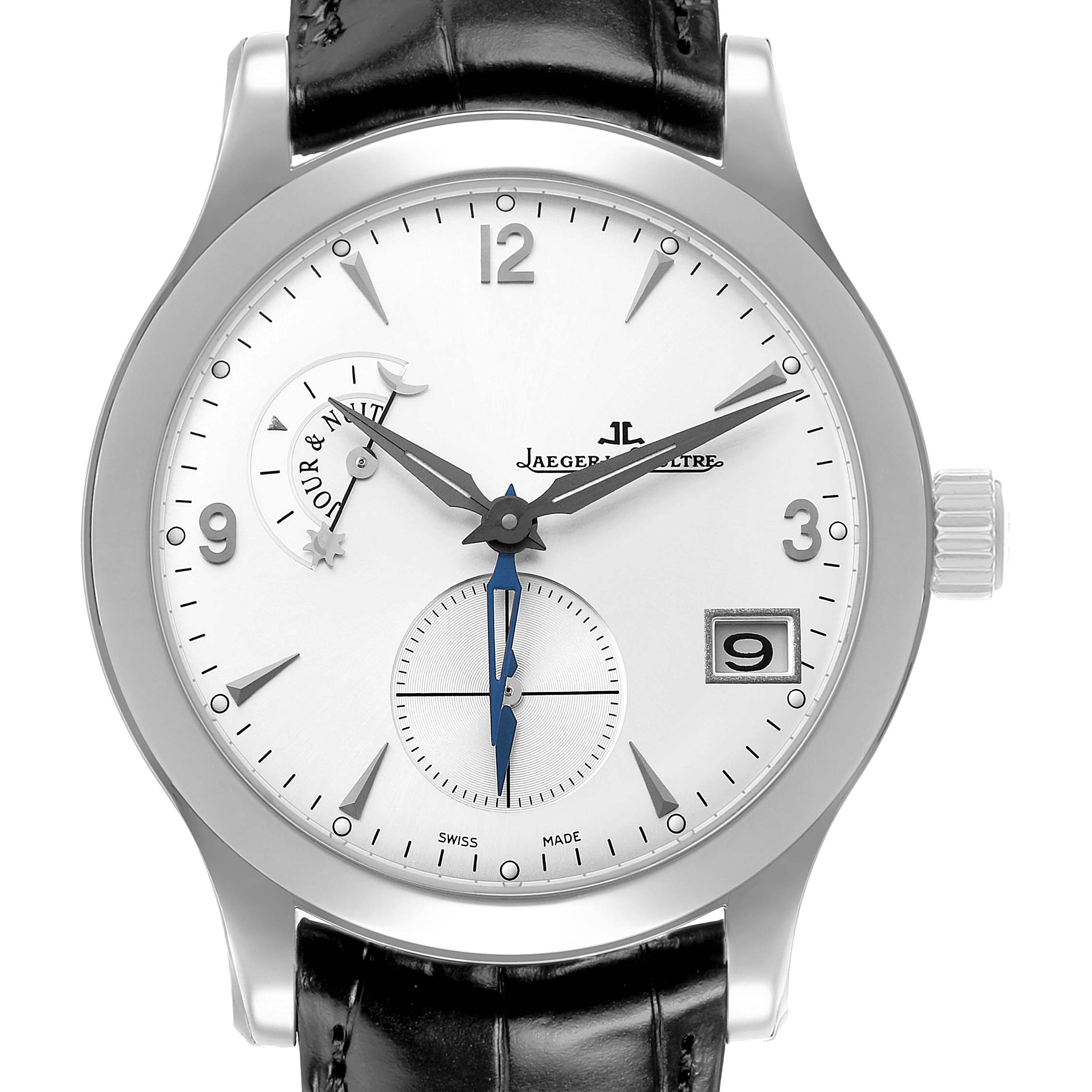 The Jaeger LeCoultre Master Q1628420 / 147.8.05.S Men's Stainless Steel Silver Dial watch is shown from a front view, highlighting the dial, hands, subdials, and date window.