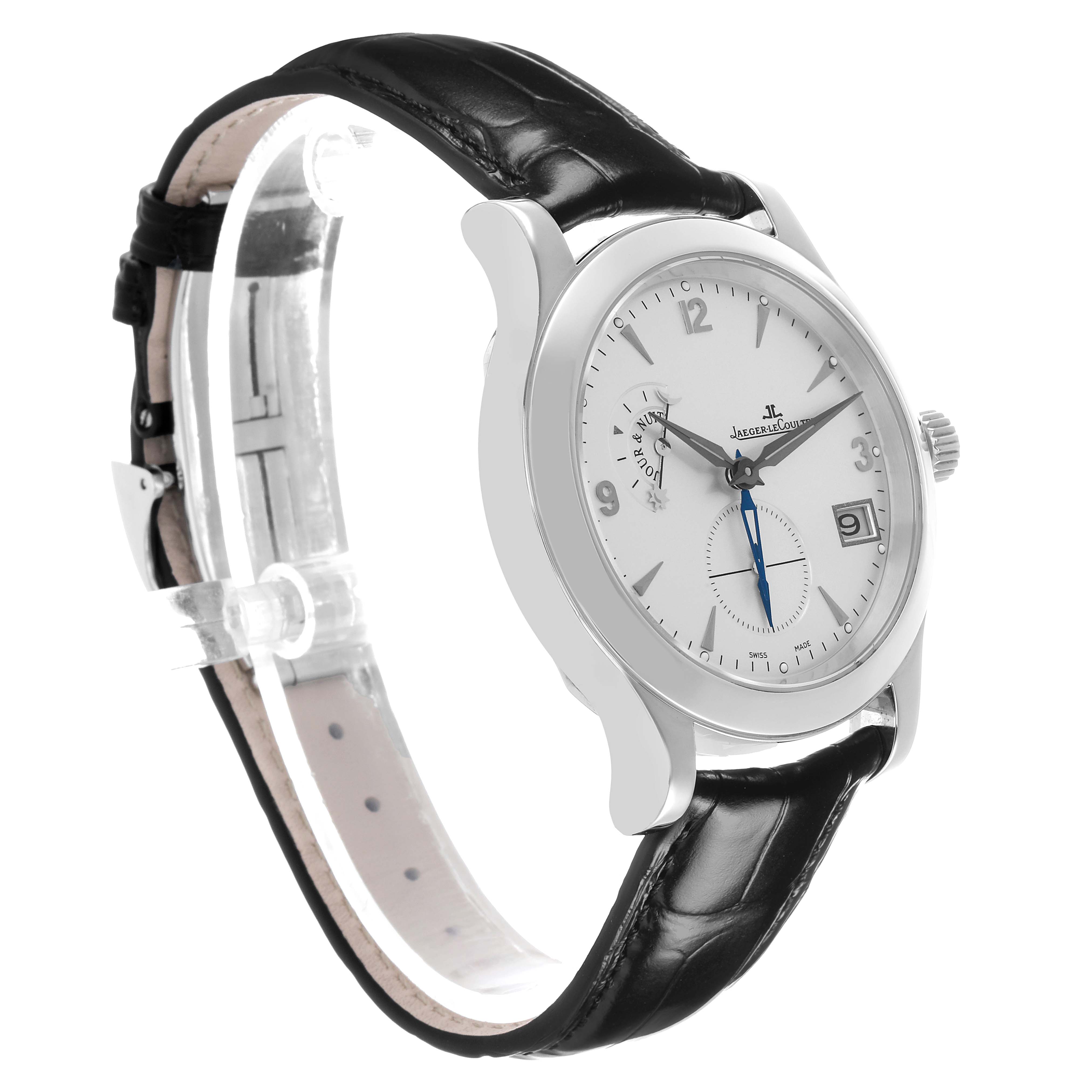 The Jaeger LeCoultre Master Q1628420 / 147.8.05.S Men's Stainless Steel Silver Dial watch is shown at a three-quarter angle, displaying the dial, crown, and black leather strap.